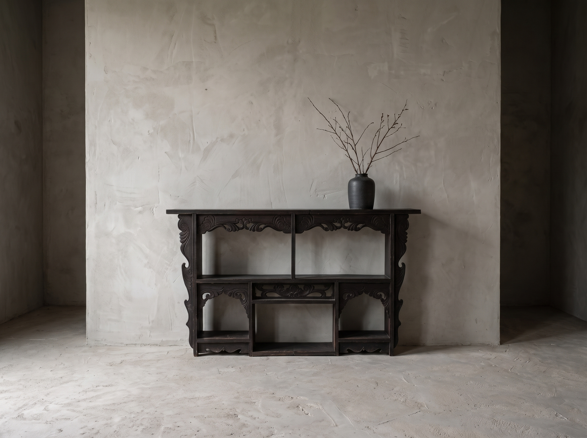 Antique carved black wall shelf, straight-on front view at true scale showing full construction and cubby grid