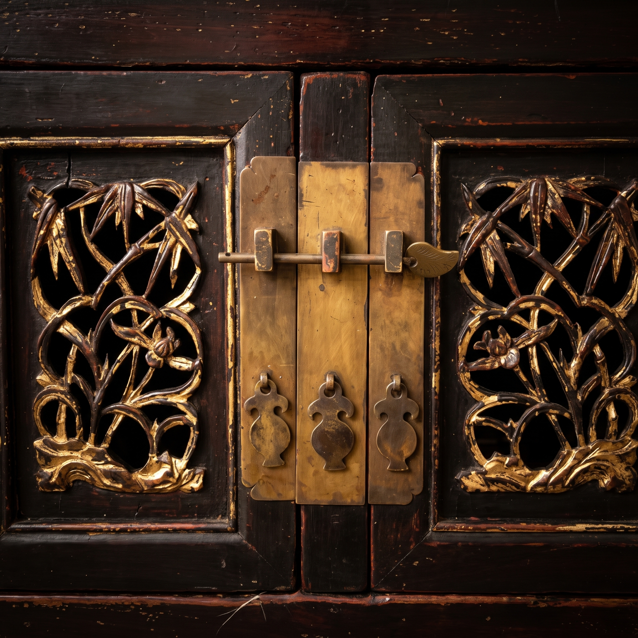 Detail of the center brass hasp, vase-shaped drop pulls, and pierced bamboo door panels