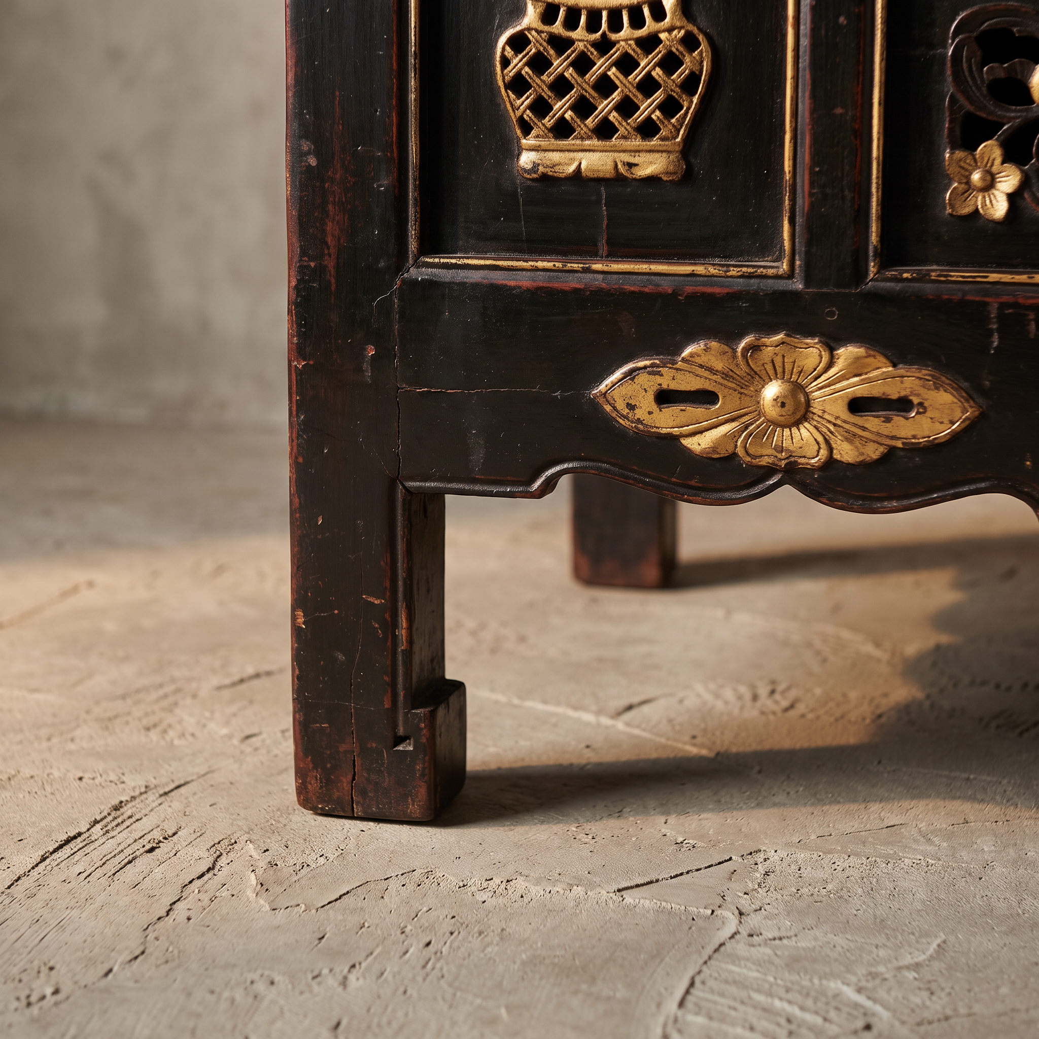 Detail of the console's corner block foot and pierced gilt floral apron medallion
