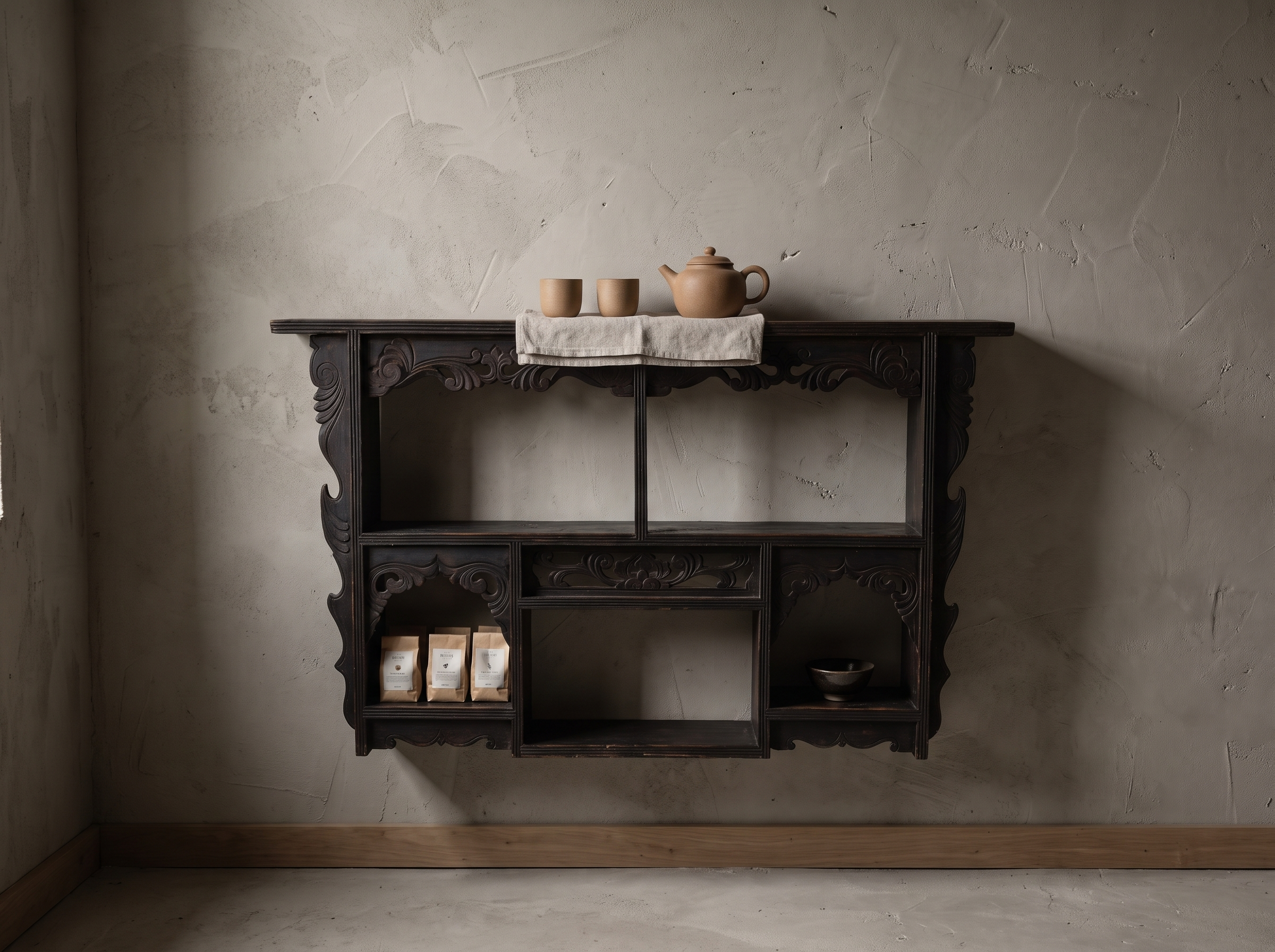 Antique carved black wall shelf styled as a home tea nook with a clay teapot, cups, and loose tea