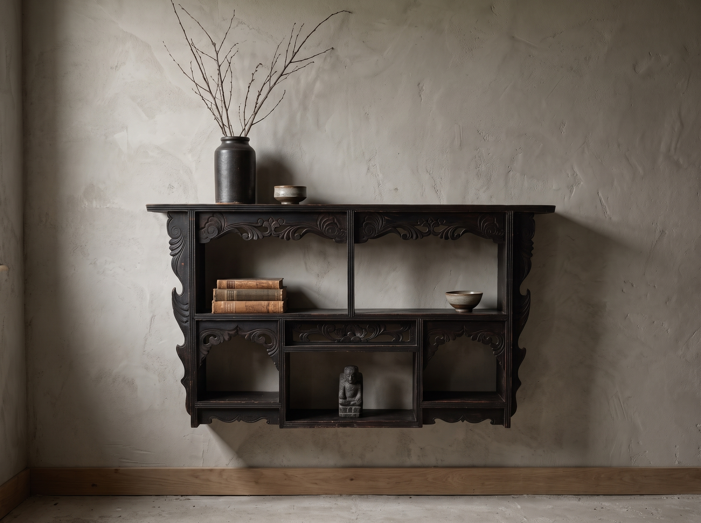 Antique carved black wall shelf styled as a curated display shelf with books, ceramics, and dried branches
