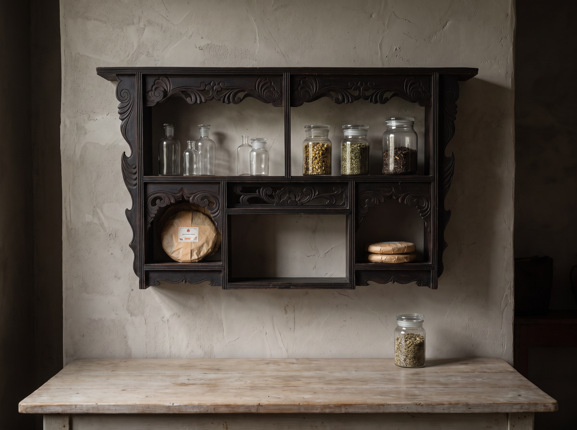 Antique carved black wall shelf mounted above a kitchen counter, styled with glass herb jars and pu-erh tea cakes