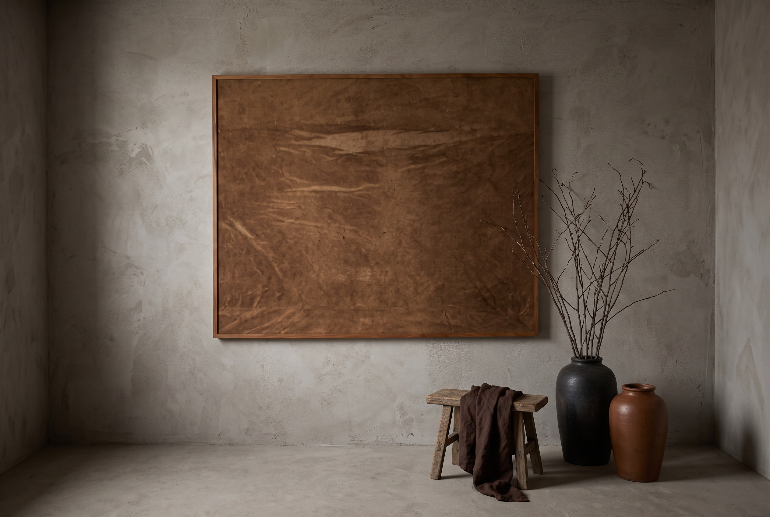 Bare Umber fabric panel hung on a greige plaster wall, styled with stoneware vessels and dried branches