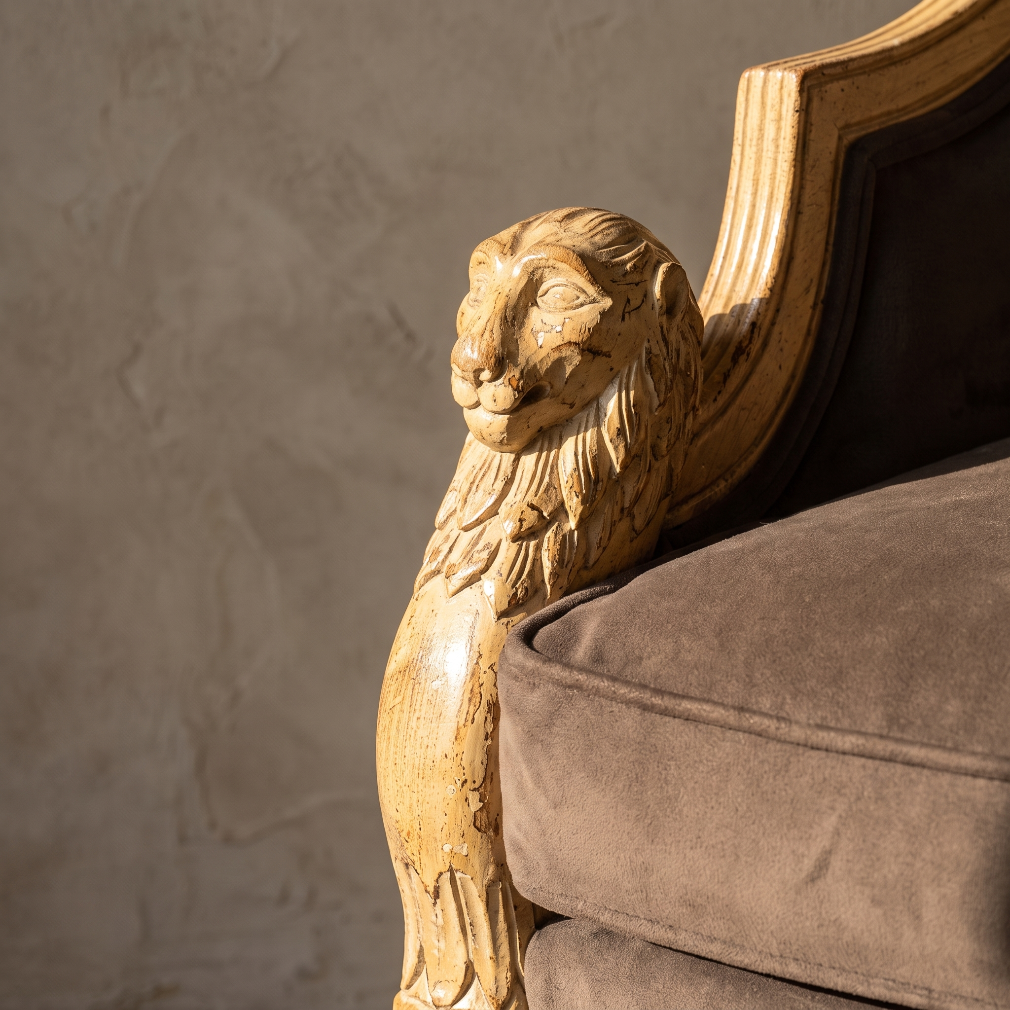 Detail of carved dog head arm terminal