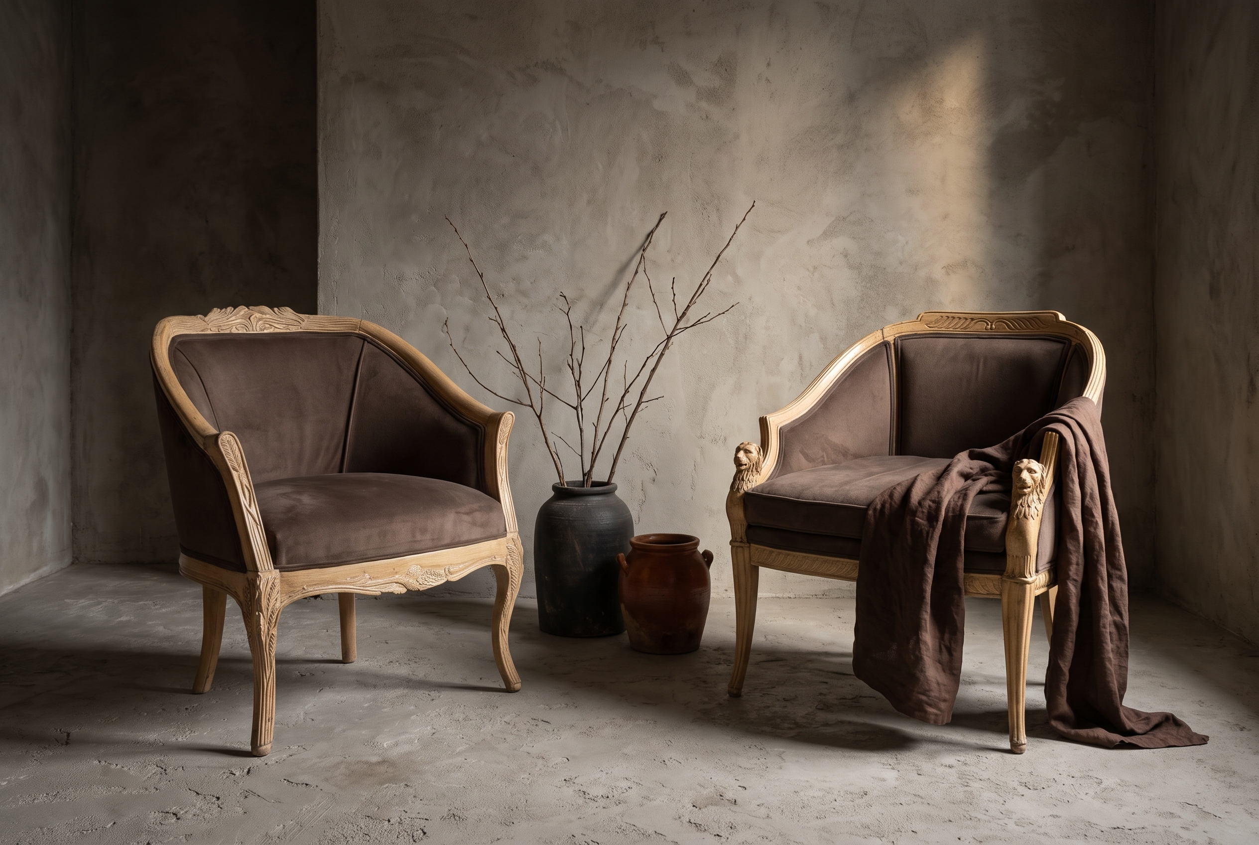 Both carved whitewashed bergere chairs together in a plaster room, wheat motif and dog head motif