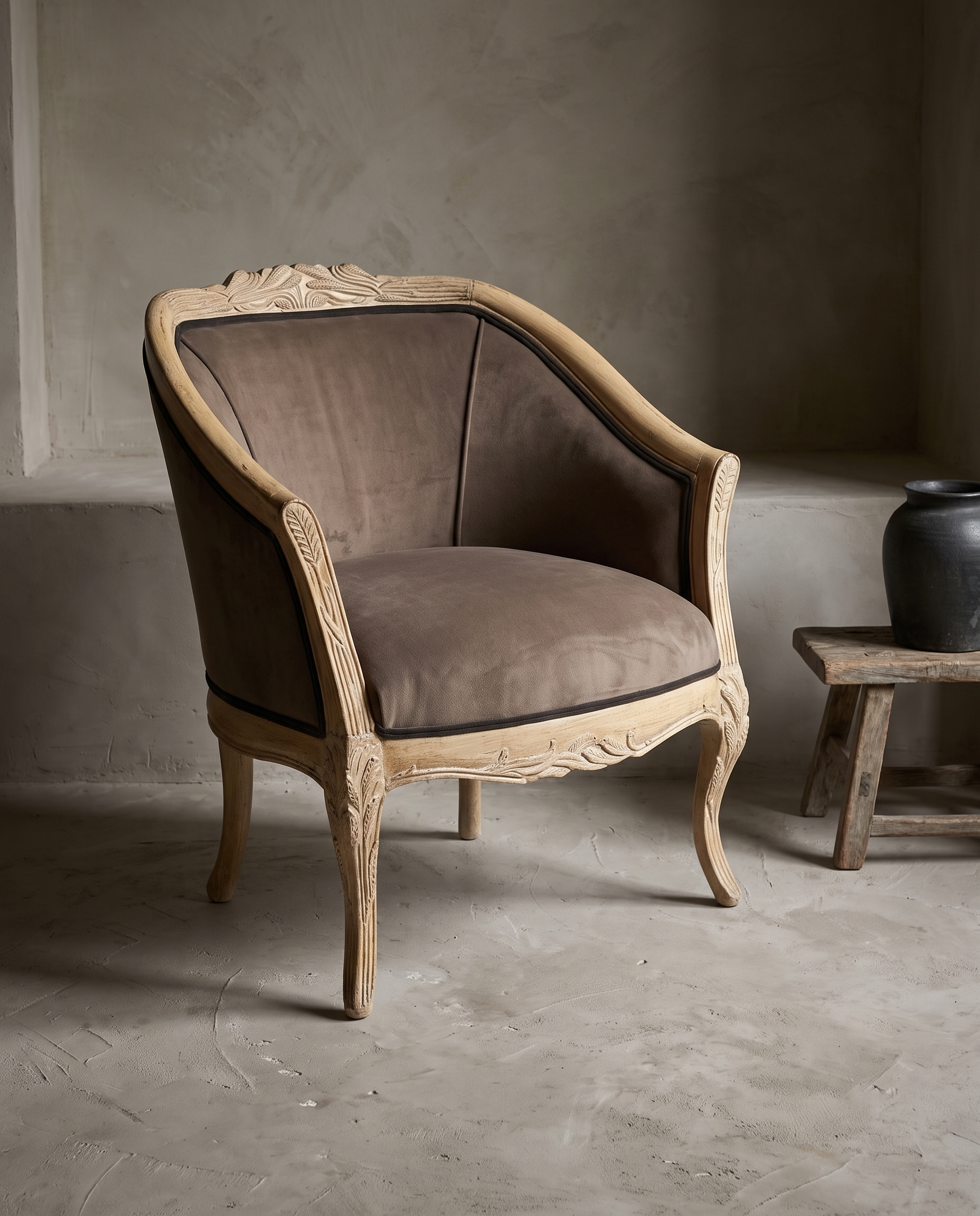 Wheat motif carved bergere chair, three-quarter angle
