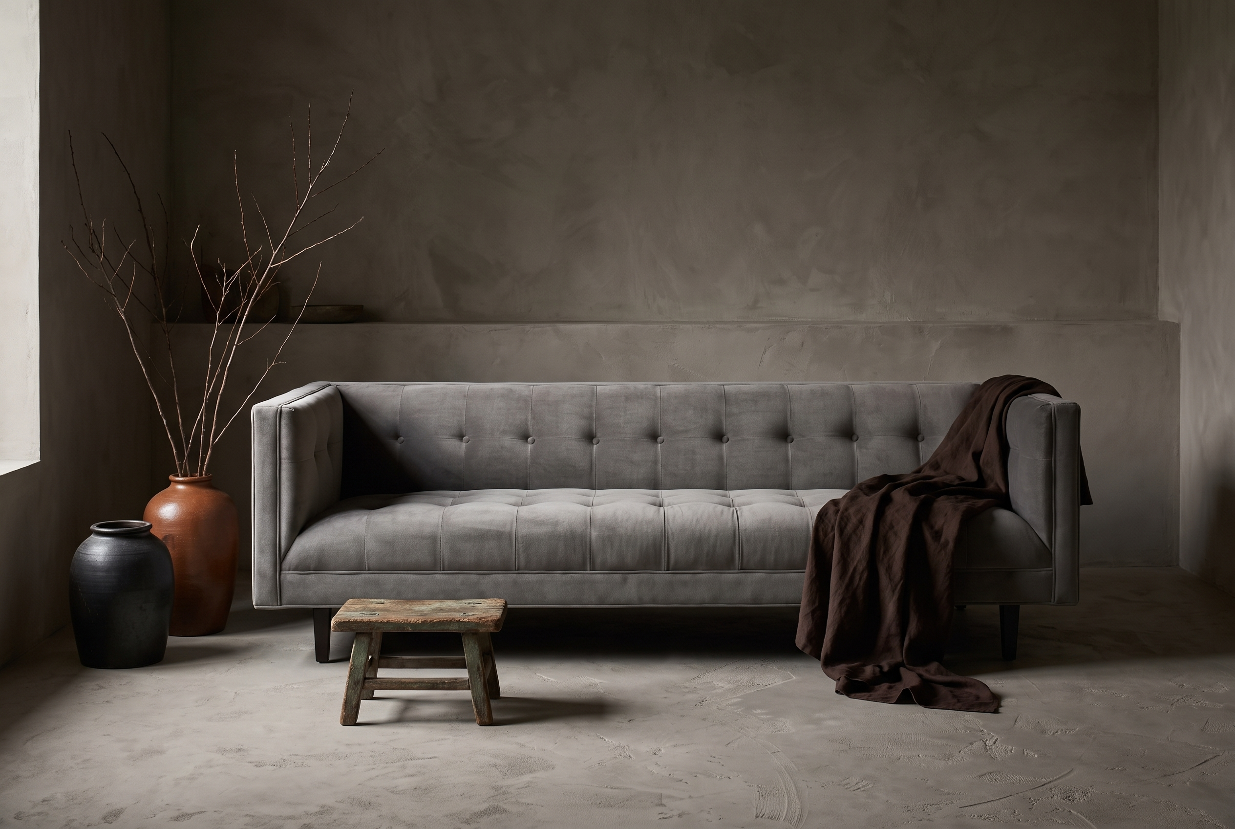 Blue-grey velvet biscuit-tufted sofa in a greige plaster room, lifestyle hero shot