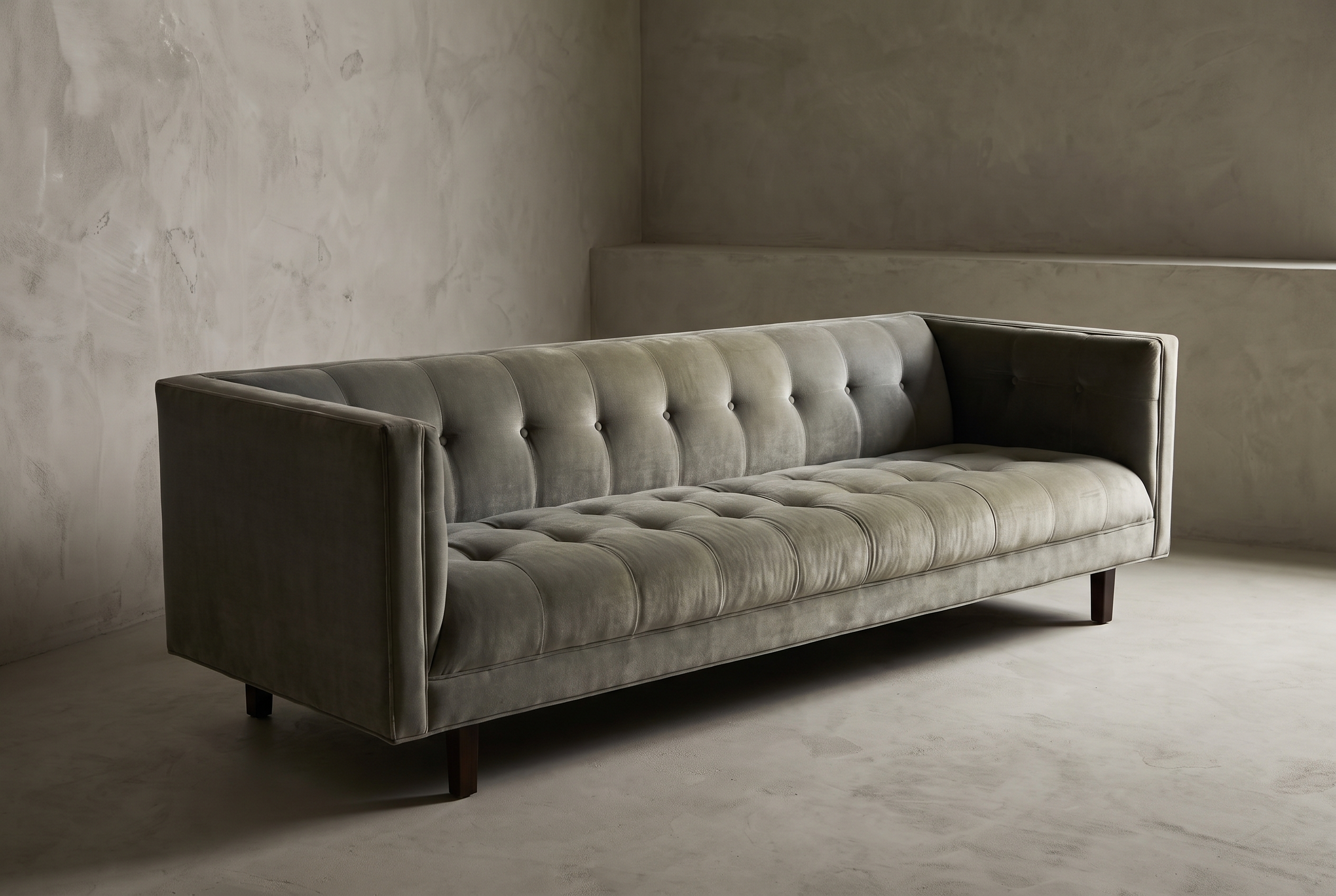 Blue-grey velvet biscuit-tufted sofa, 45 degree three-quarter view showing full length