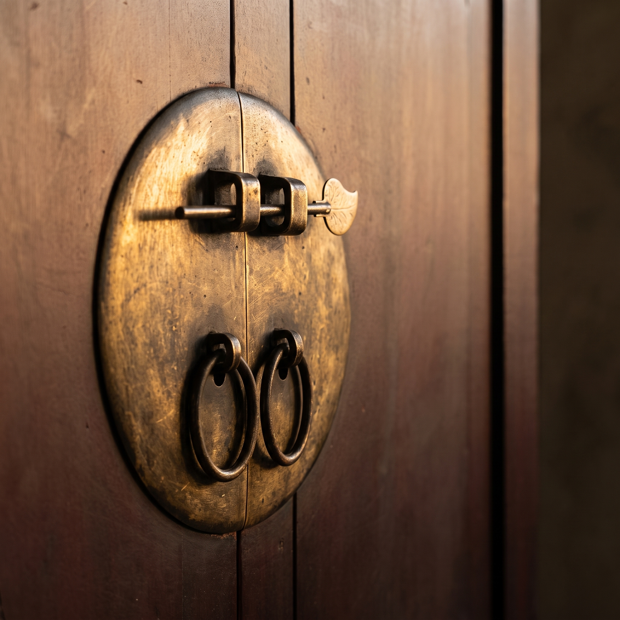 Macro detail of the round brass medallion lock plate and ring pulls, matte dark oxblood finish