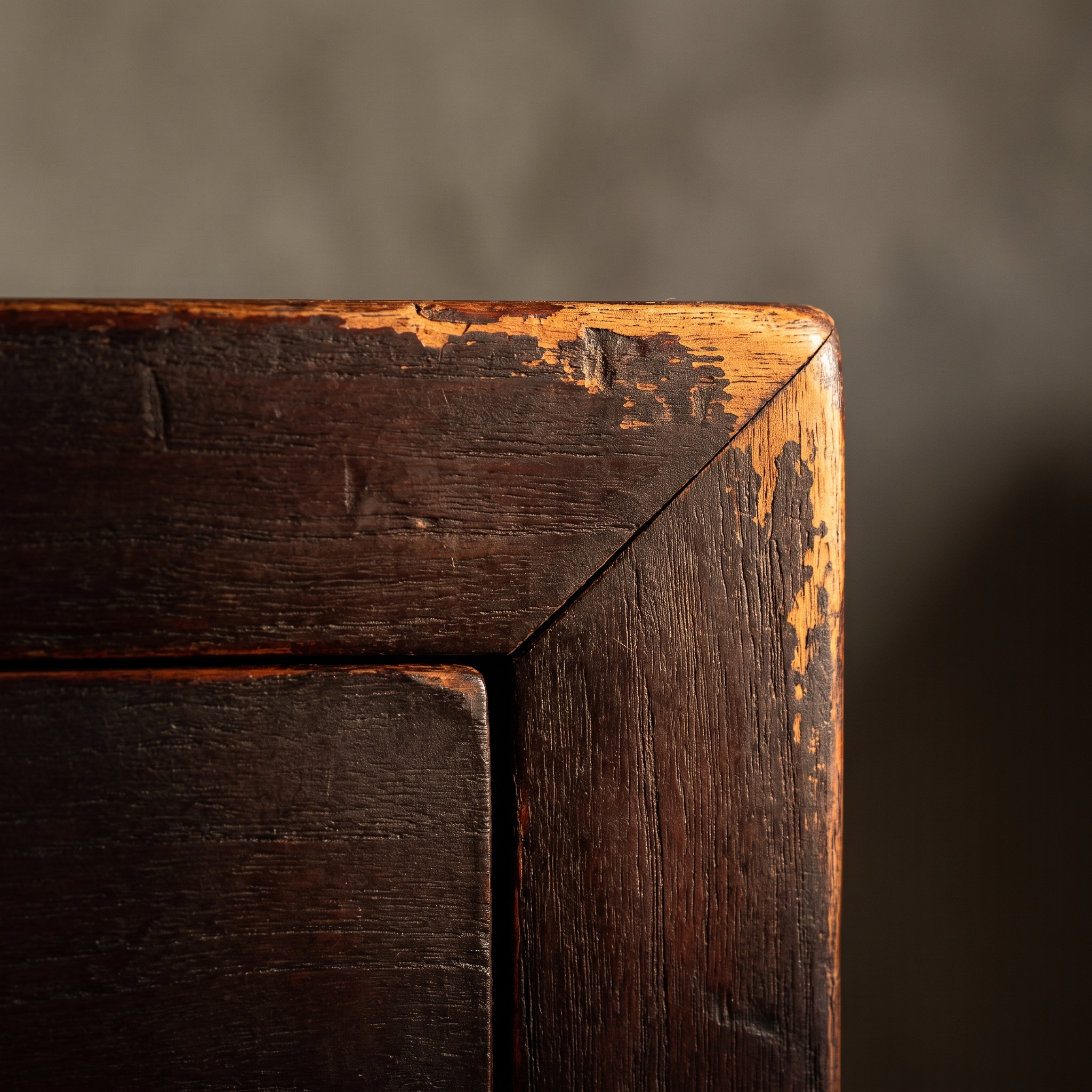 Macro detail of the top corner joinery and worn matte oxblood lacquer