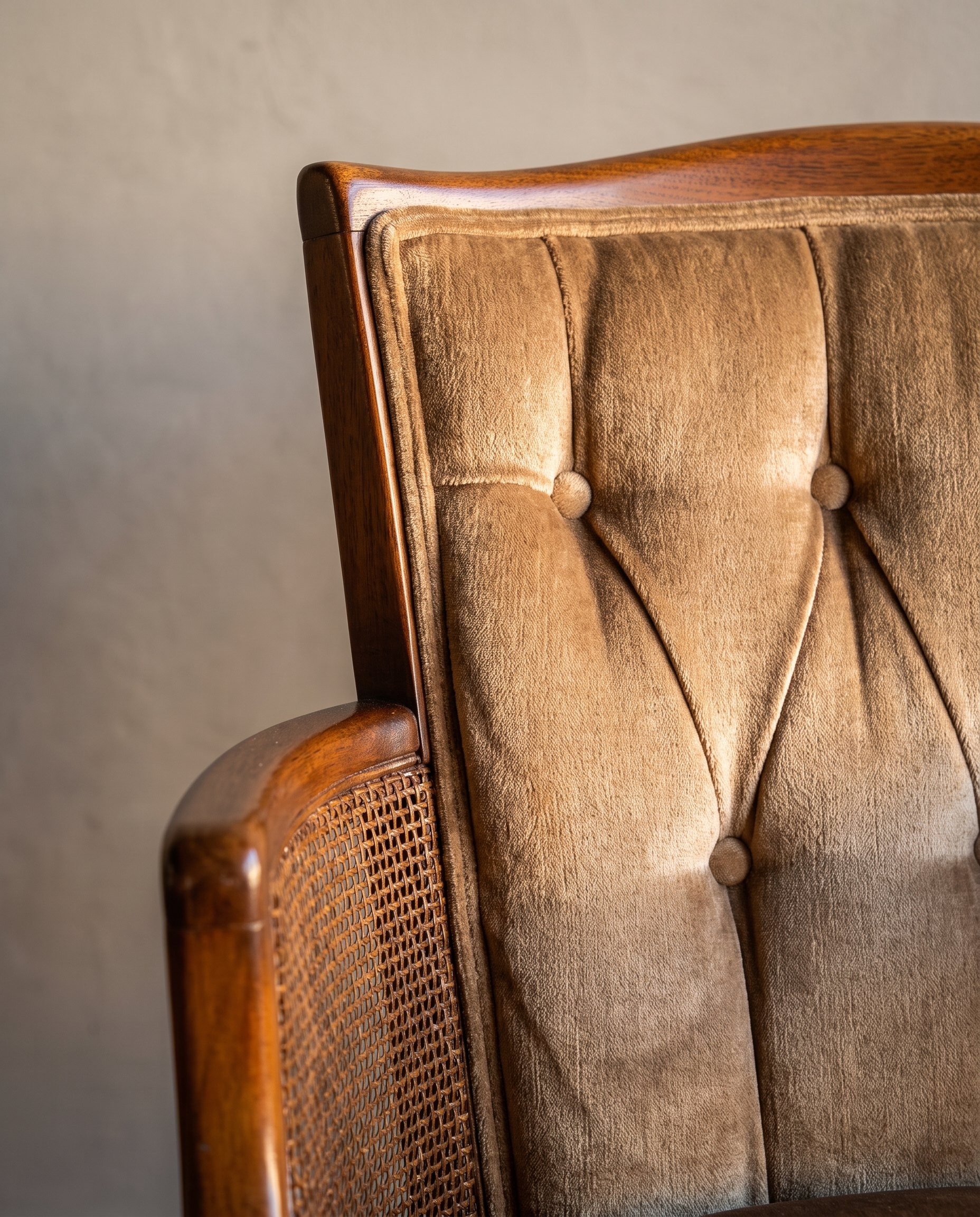 Macro detail of the diamond button tufting and cane side panel weave