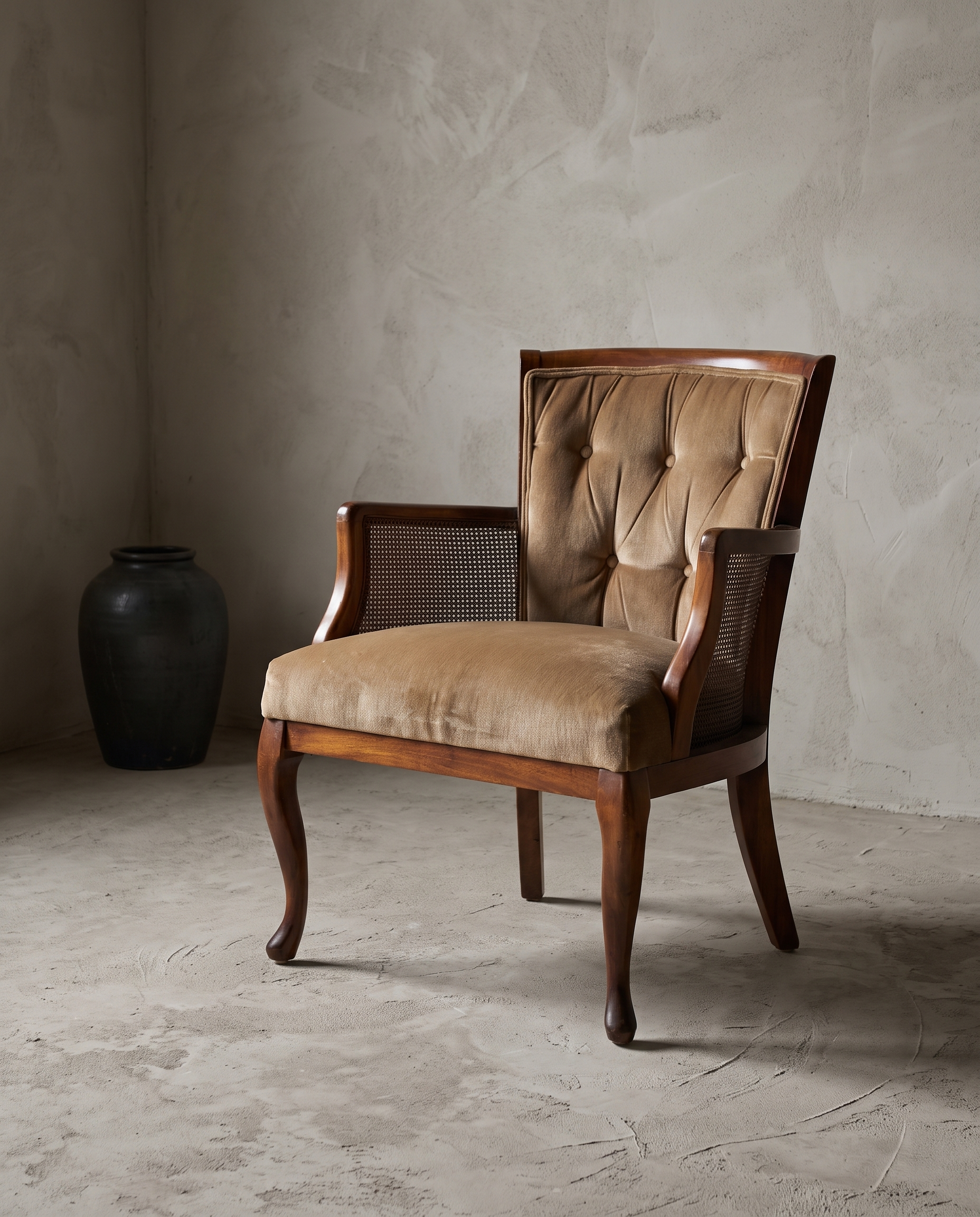 Tan velvet tufted cane-side armchair, 45 degree three-quarter product view