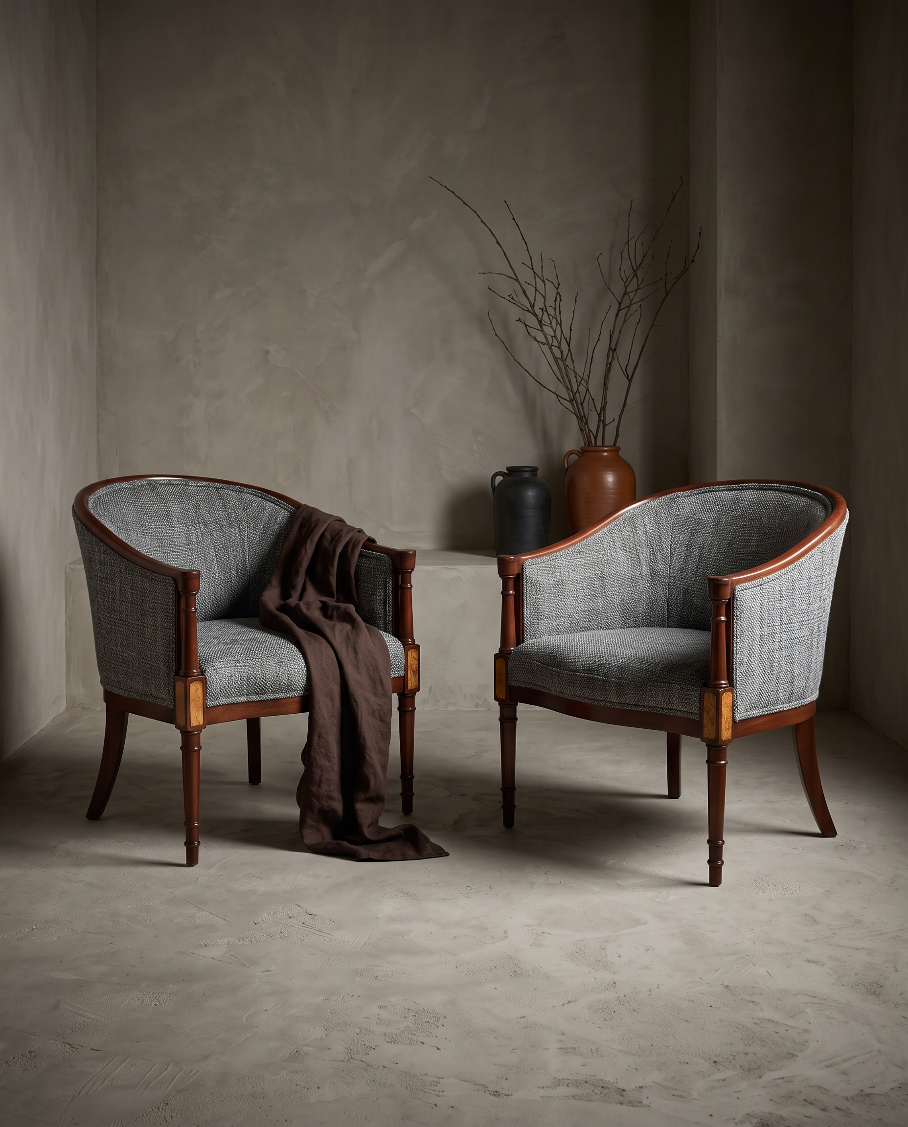 Pair of vintage grey-blue bouclé barrel-back chairs styled together in a greige plaster room