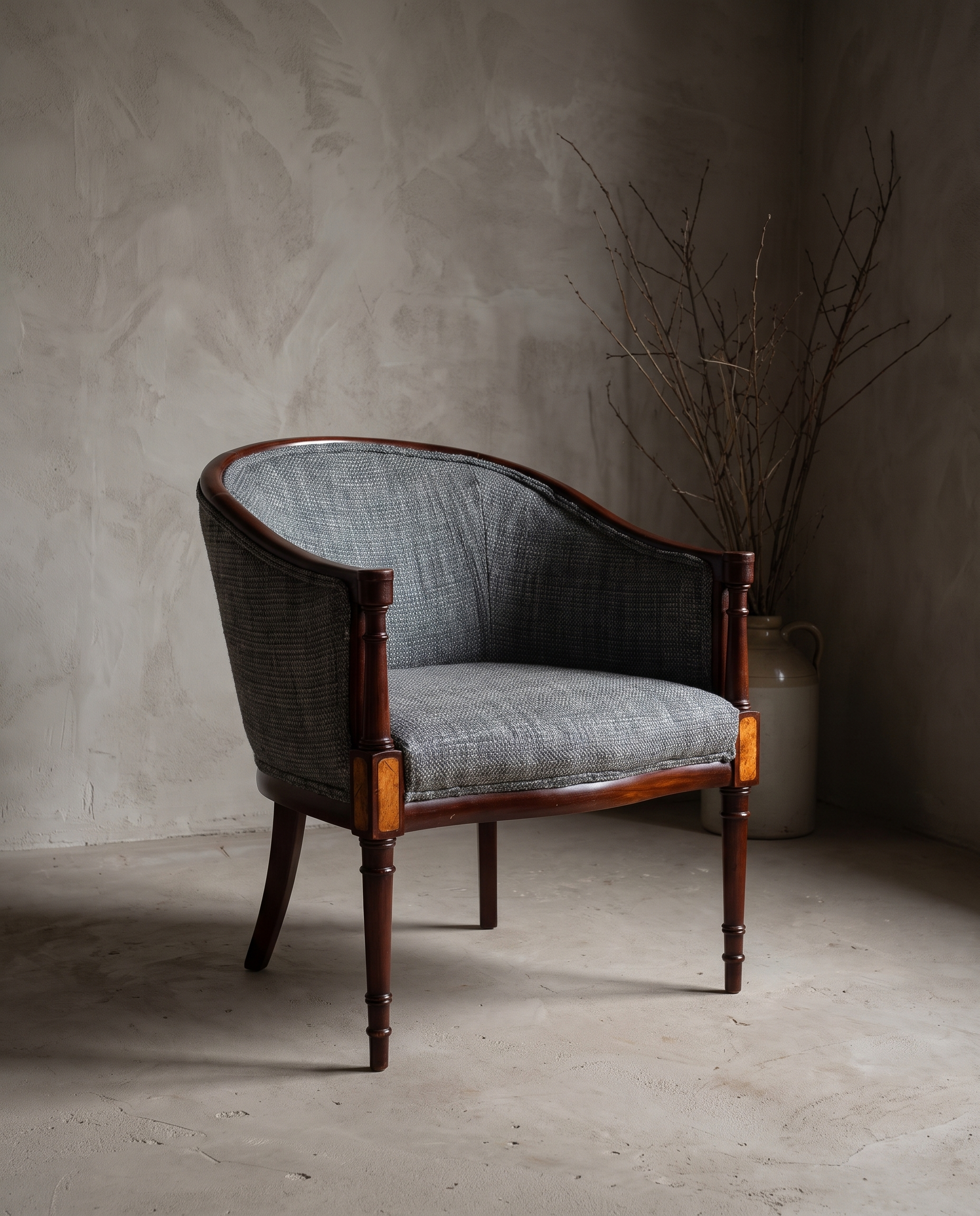 Single grey-blue bouclé barrel-back chair, three-quarter view showing full form