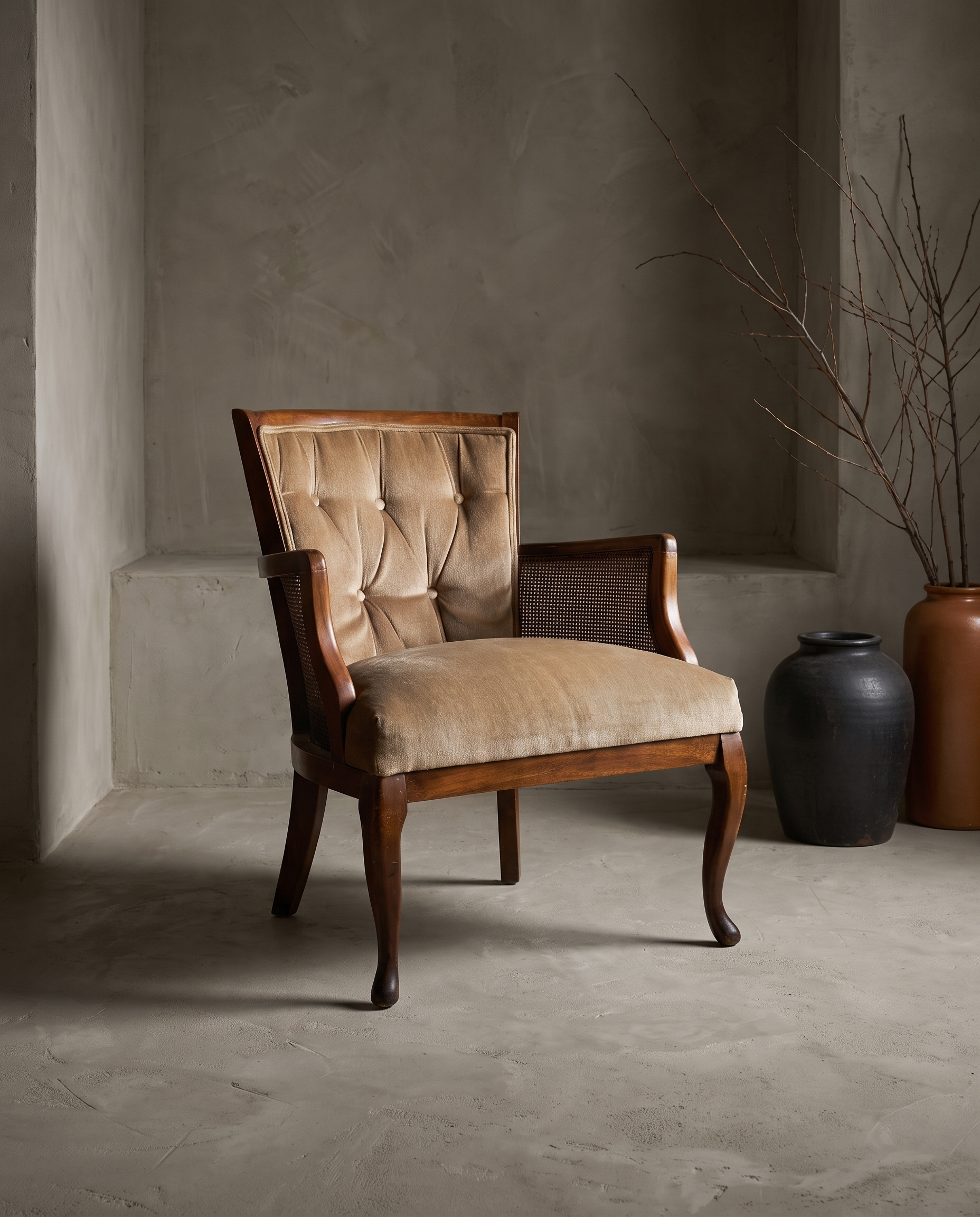 Tan velvet tufted cane-side armchair, lifestyle three-quarter view in a greige plaster room