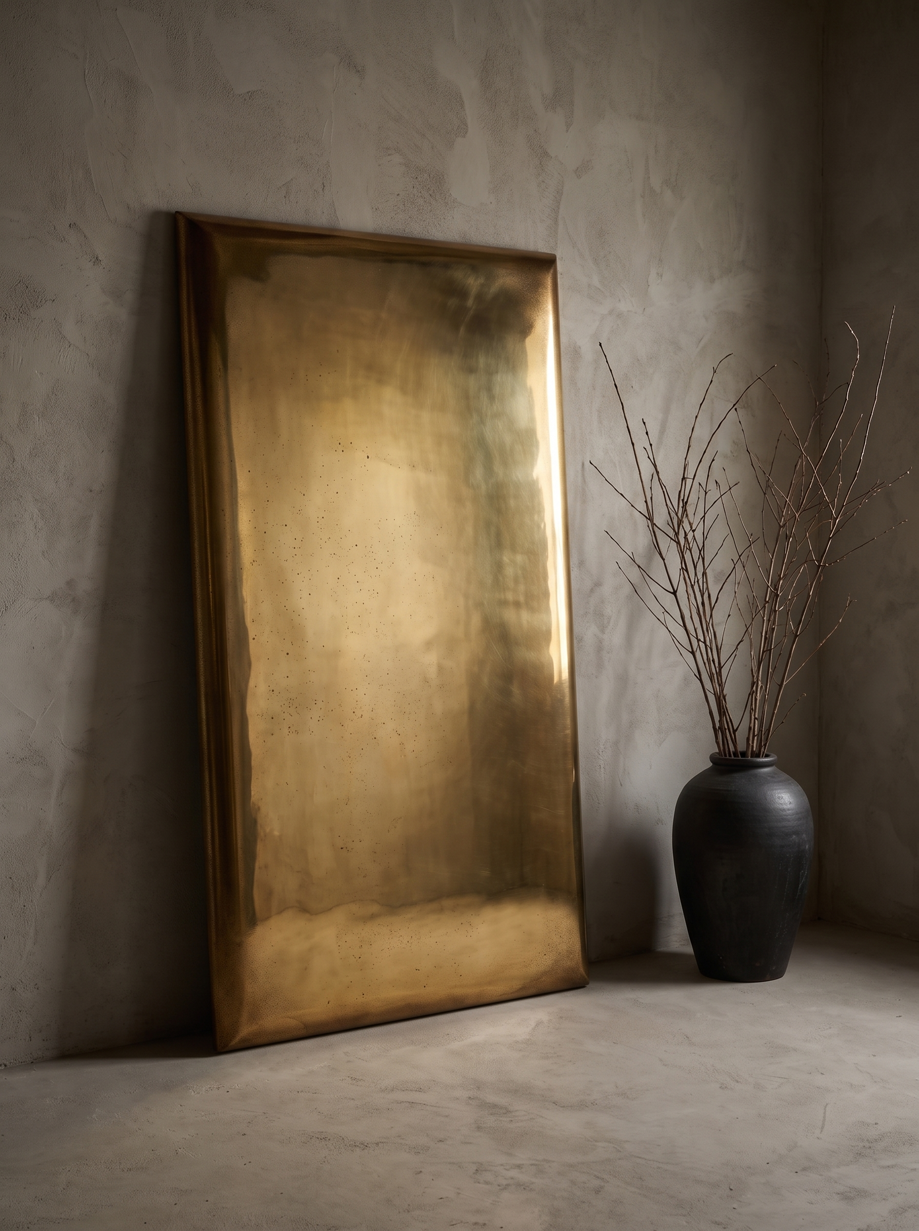 Three-quarter view of the brass panel mirror showing its folded corner construction