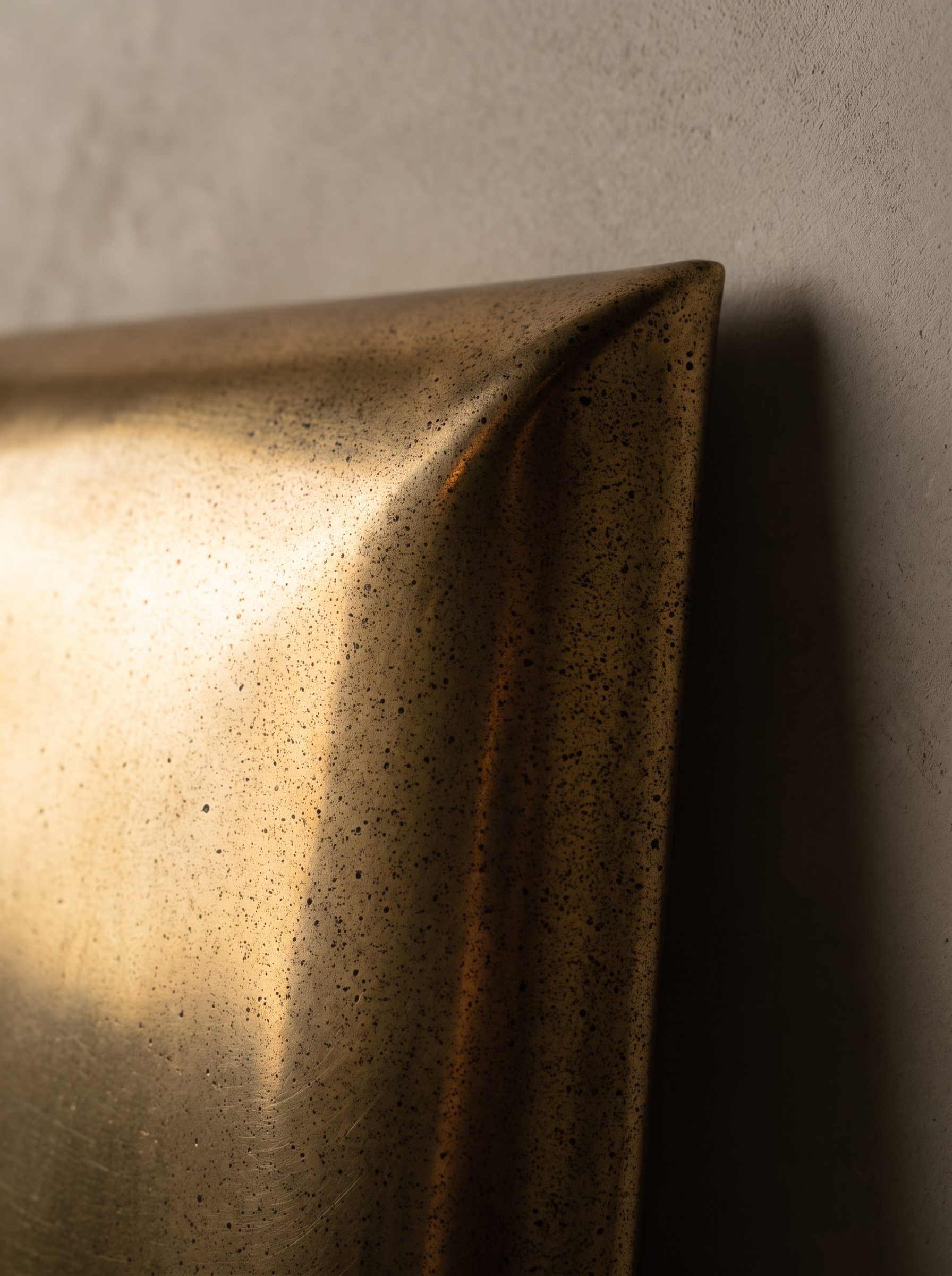 Macro detail of the brass mirror's folded corner and speckled antiqued patina