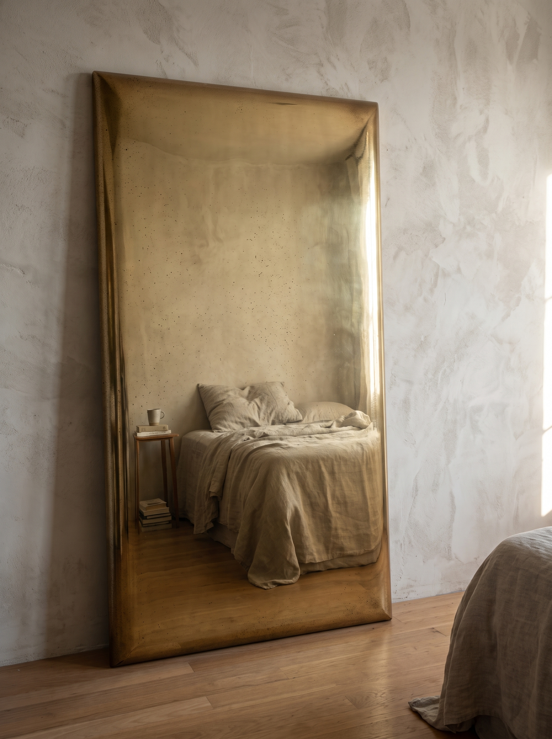 Brass panel mirror in a furnished bedroom corner, reflecting the bed and a side table