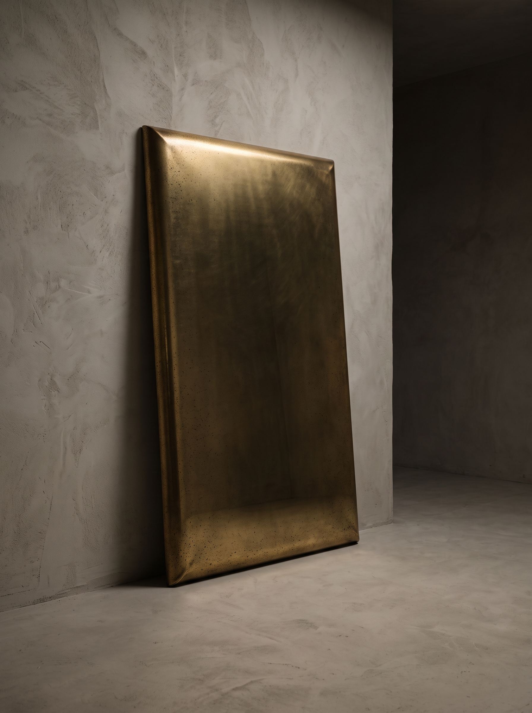 Brass panel mirror leaning against a greige plaster wall, unlacquered brass with speckled antiqued patina