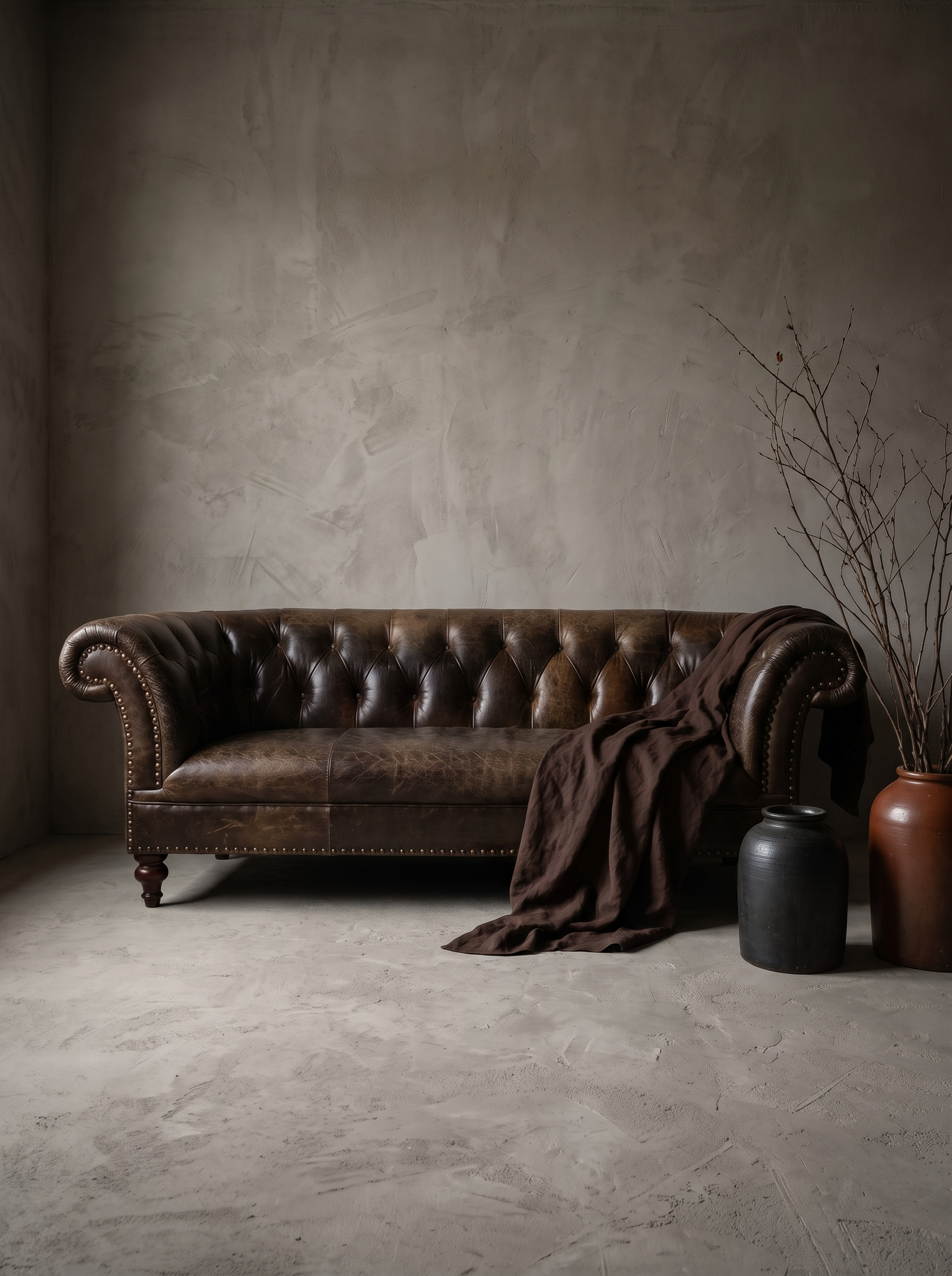 The Umber Chesterfield, vintage leather Chesterfield sofa, vertical lifestyle hero shot in a greige plaster room, matte worn leather