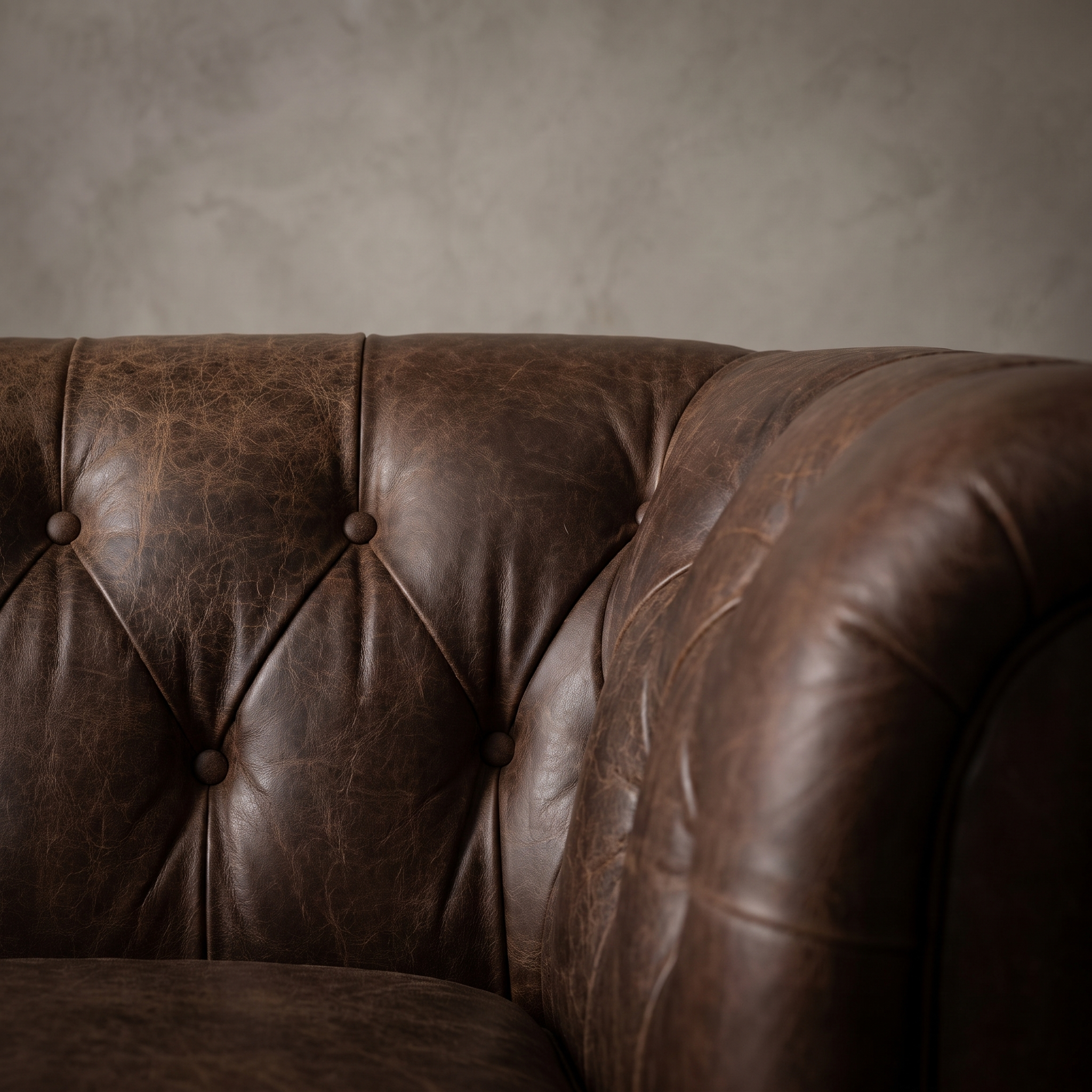Macro detail of the diamond button tufting on The Umber Chesterfield, matte worn leather