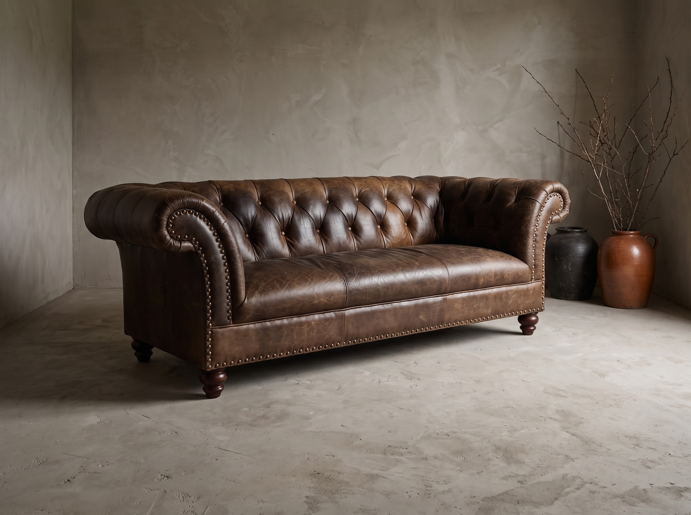 The Umber Chesterfield, three-quarter view showing tufted back, rolled arms, and nailhead trim, matte worn leather