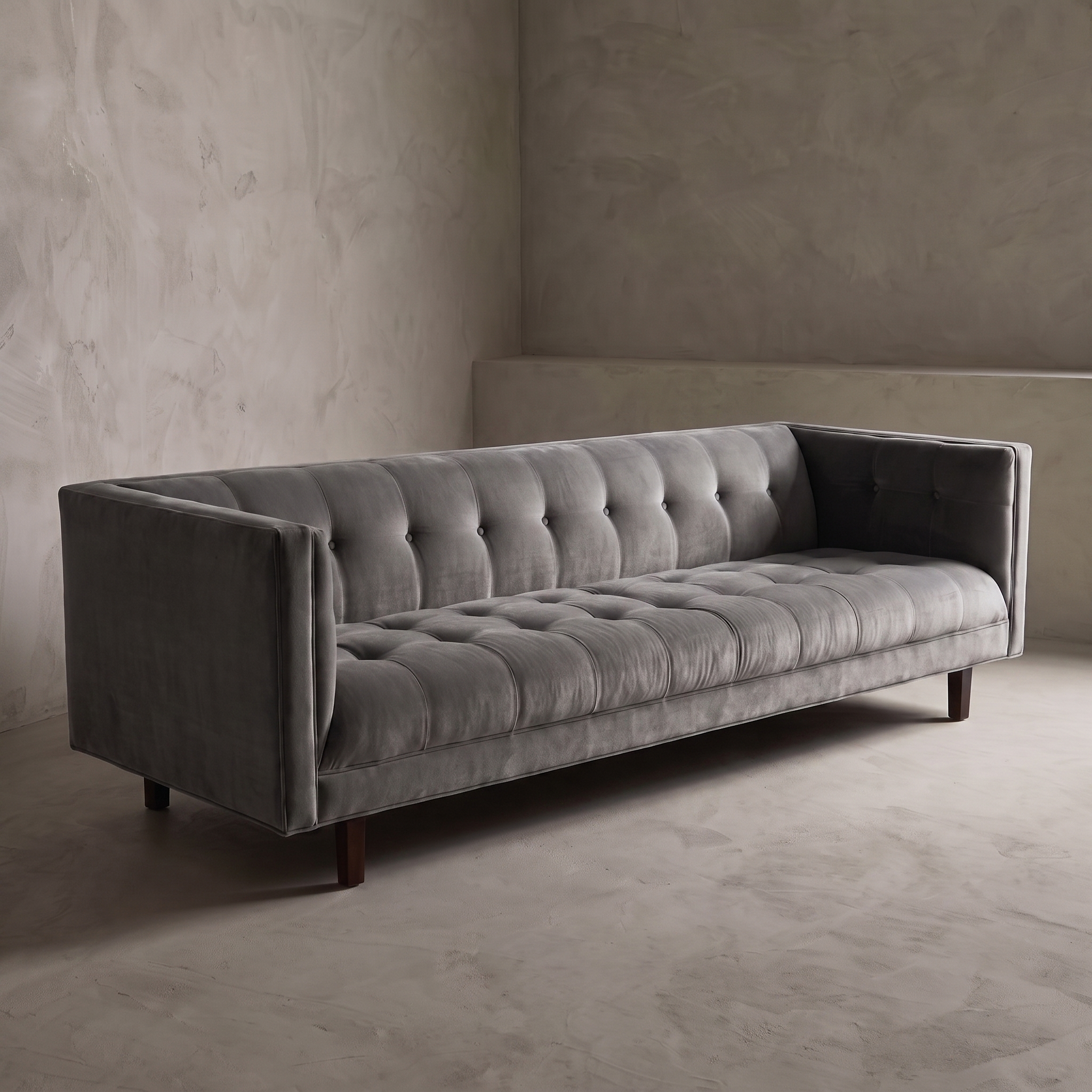 Blue-grey velvet biscuit-tufted sofa, 45 degree three-quarter view showing full length