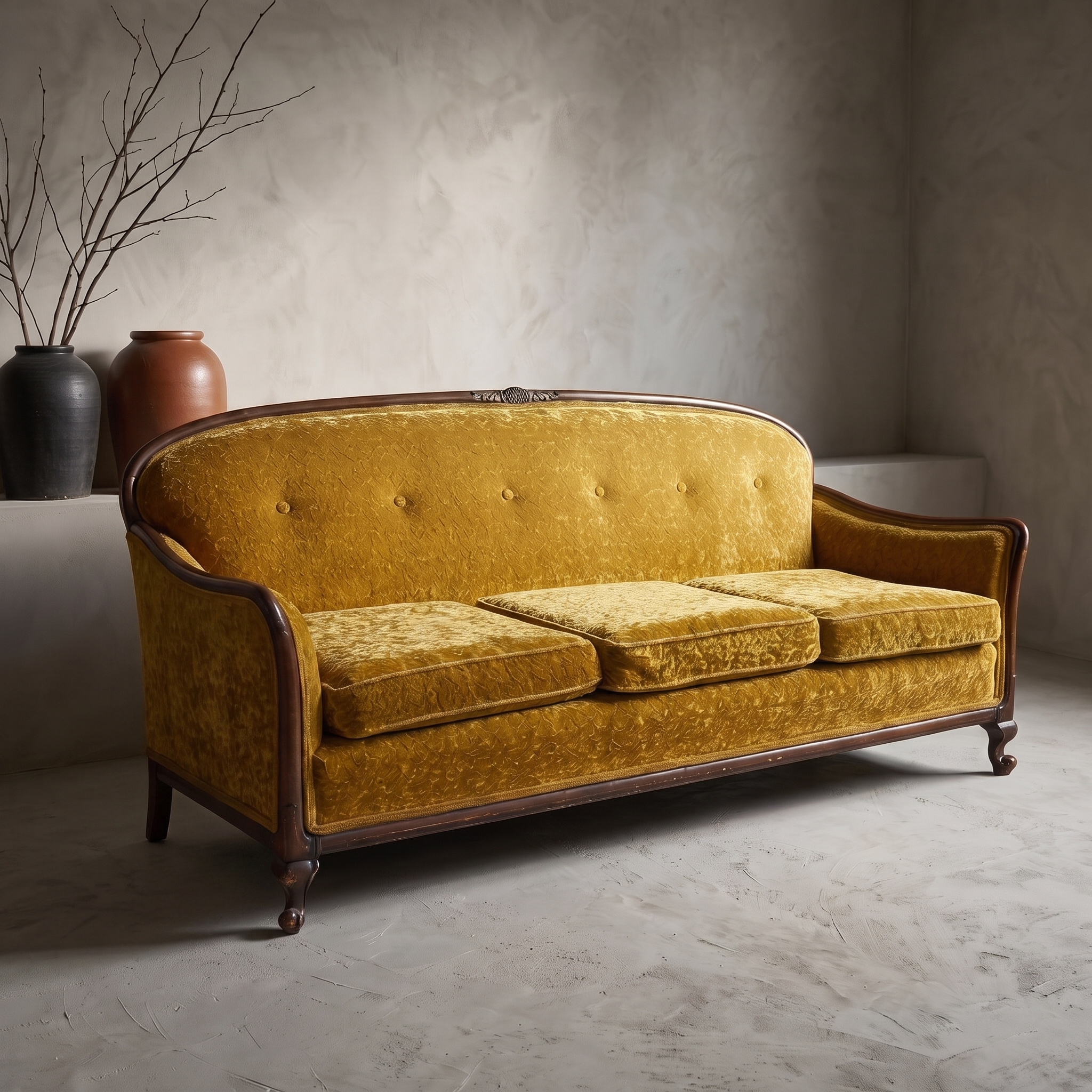 Vintage carved-wood camelback sofa in gold velvet against raw plaster wall