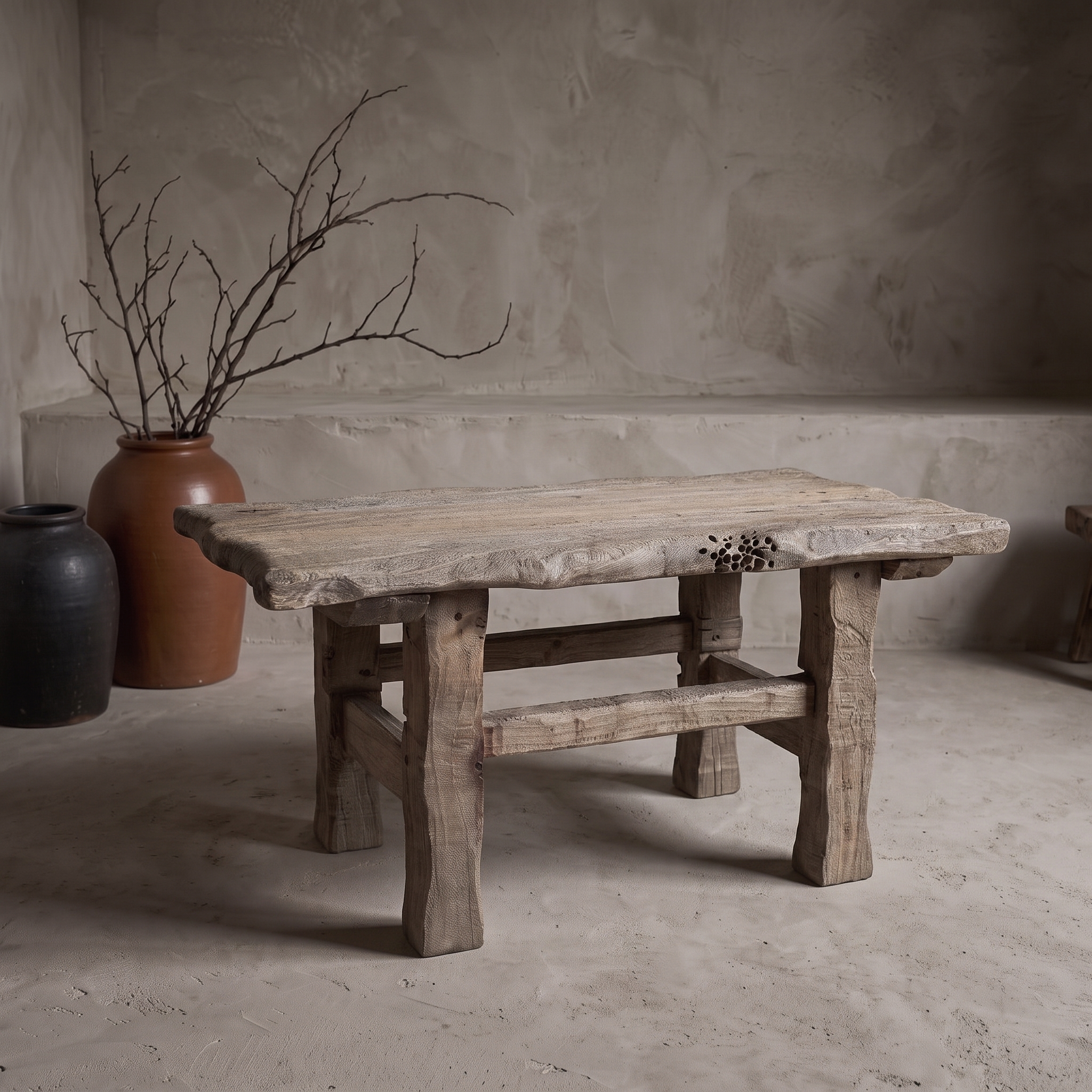 Wormwood Coffee Table, live-edge wood table against raw plaster wall