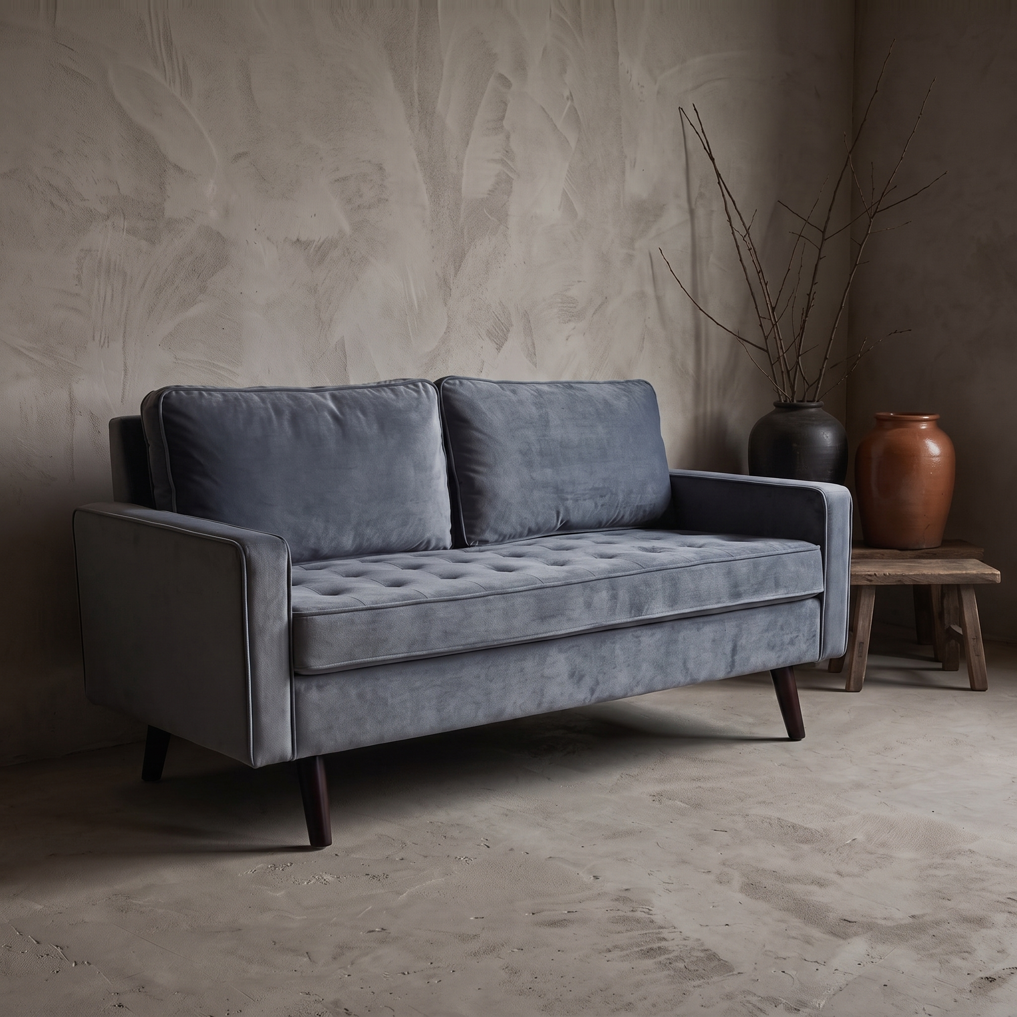 Dusk Velvet Track-Arm Loveseat against raw plaster wall