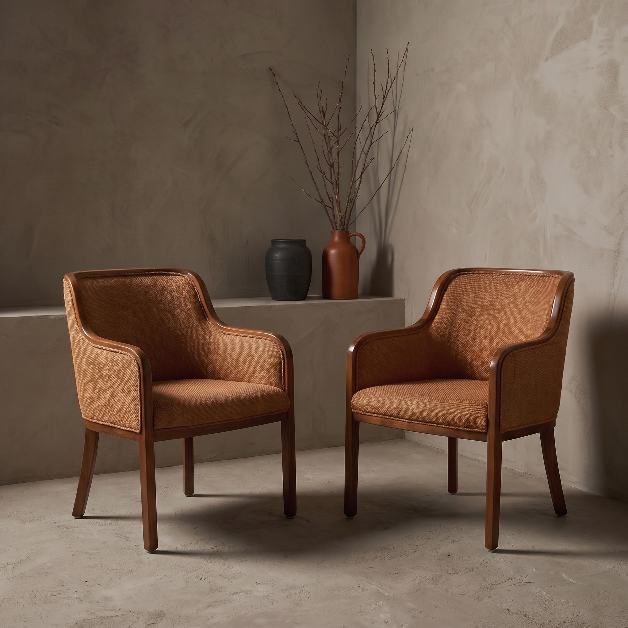 Burnt Orange Woven Armchairs against raw plaster wall