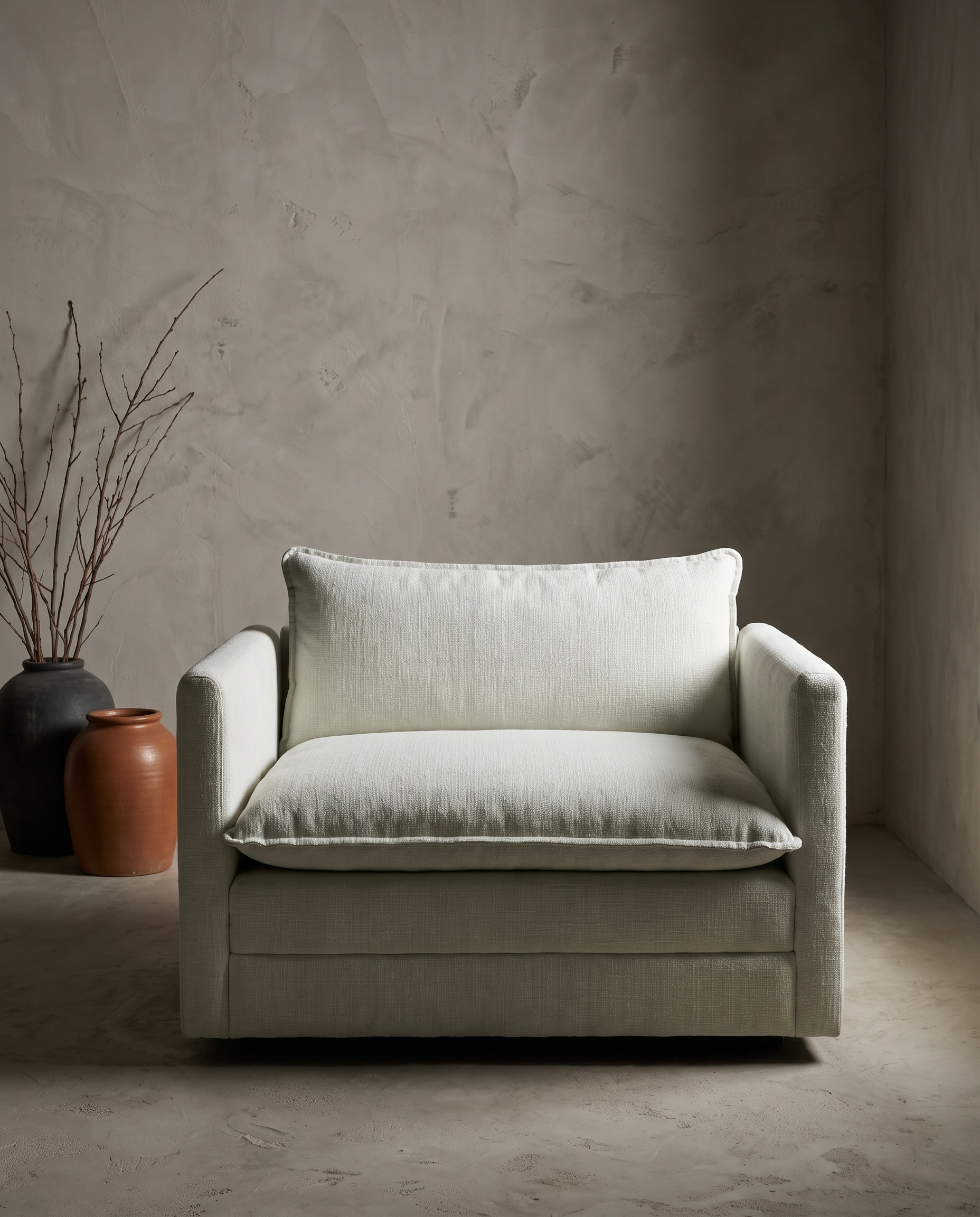 Chair and a half in white, lifestyle shot in a greige plaster room with stoneware vessels