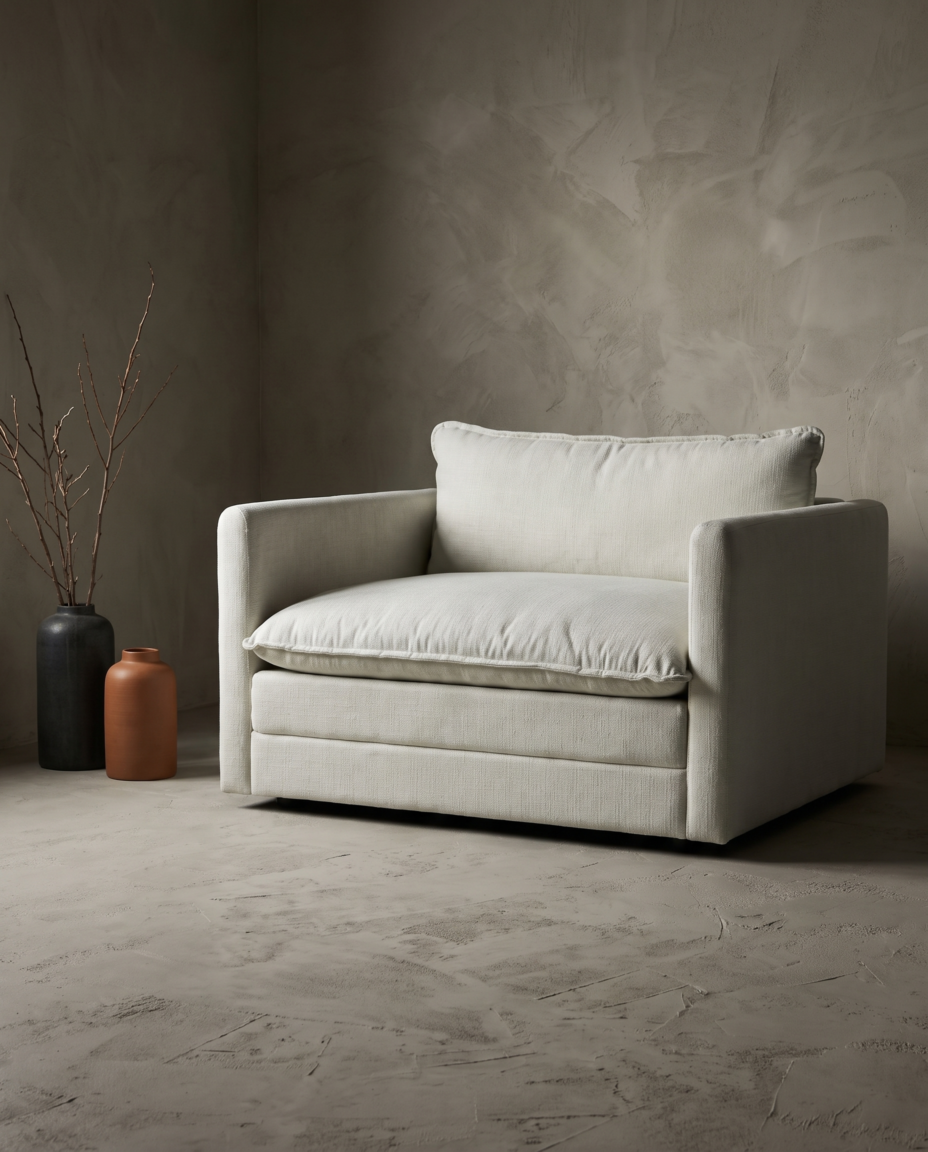 Chair and a half in white, three-quarter angle showing arm and back cushion construction