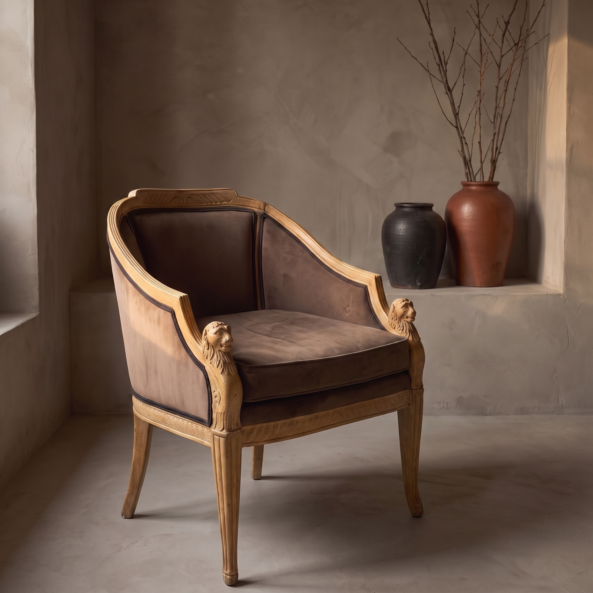 Carved whitewashed bergere chair, brown suede, against raw plaster wall