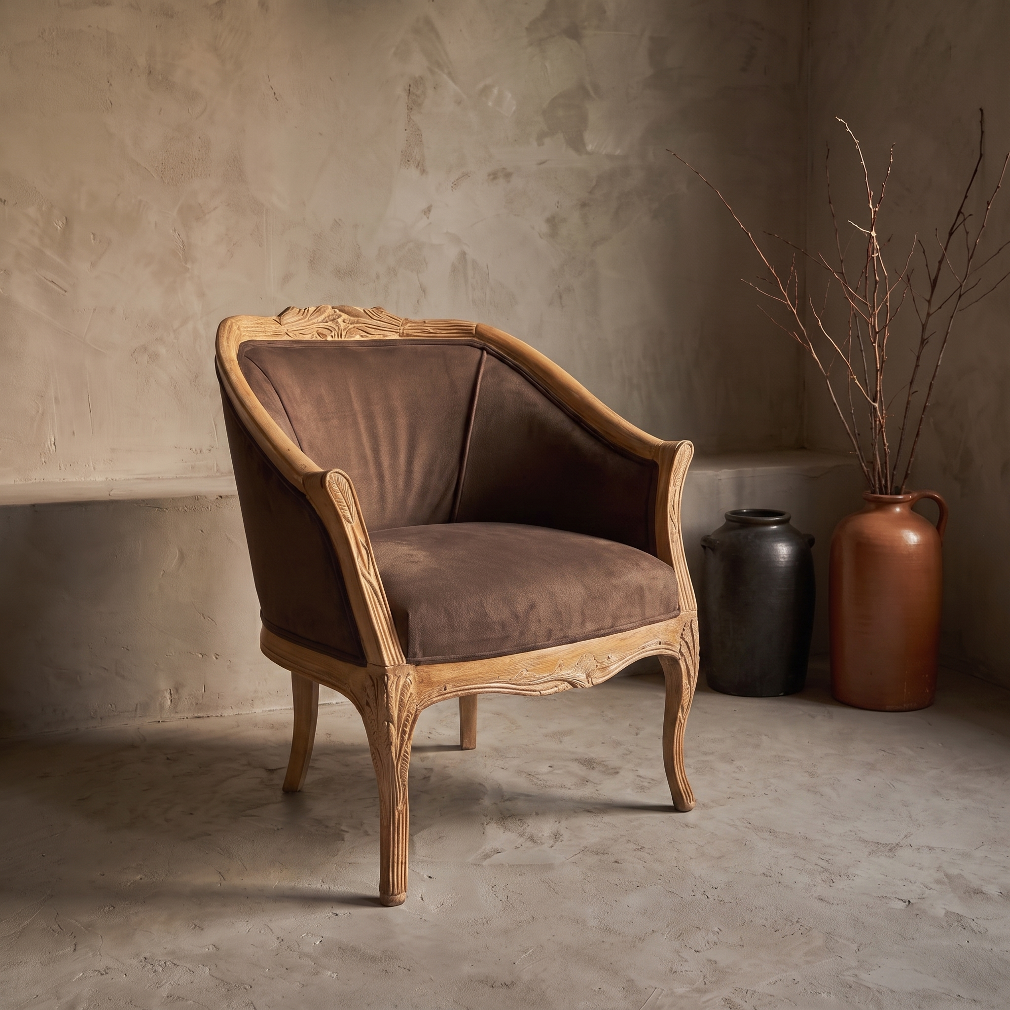 Carved whitewashed bergere chair, brown suede, against raw plaster wall