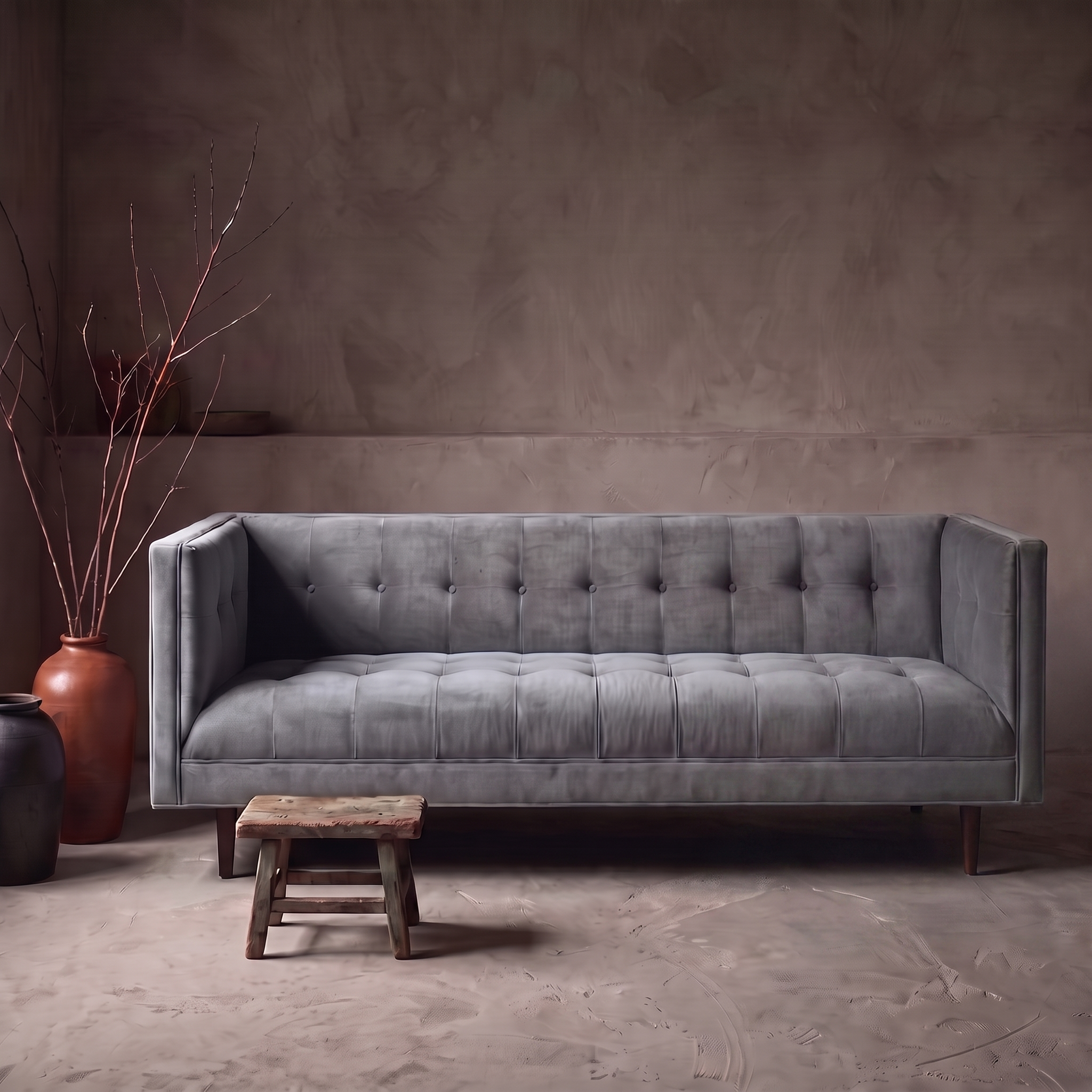 Blue-grey velvet biscuit-tufted sofa against raw plaster wall