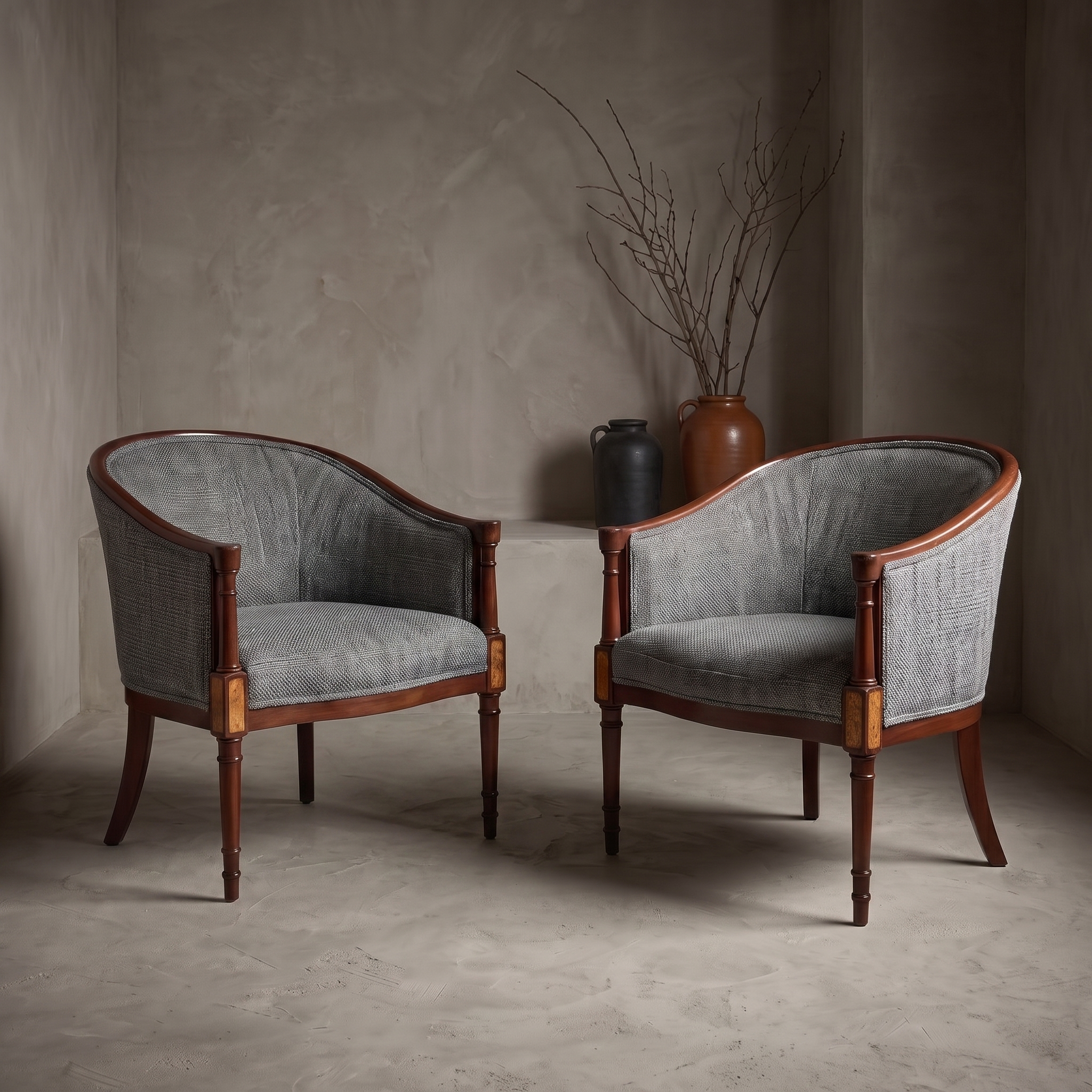 Vintage mahogany barrel-back chairs, grey-blue bouclé, pair, against raw plaster wall