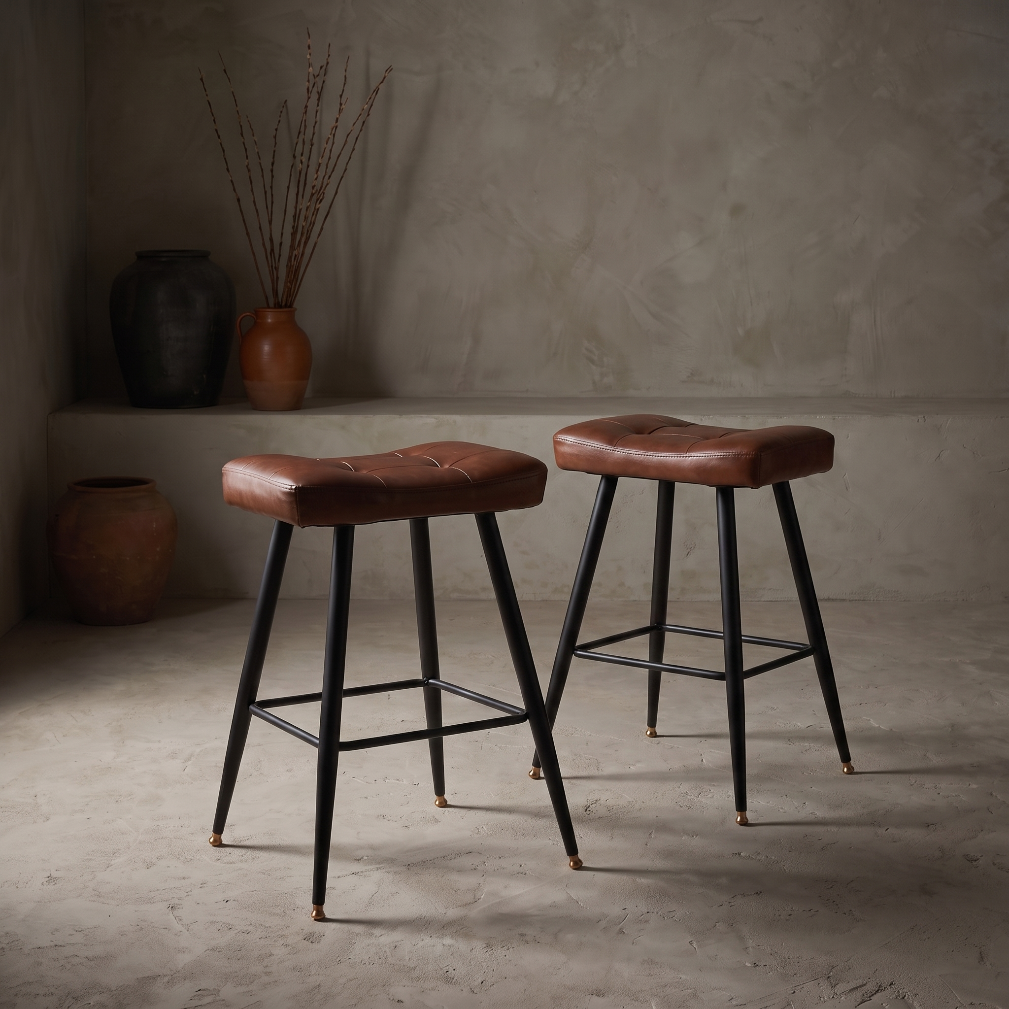 Pleather saddle counter stools, pair, against raw plaster wall