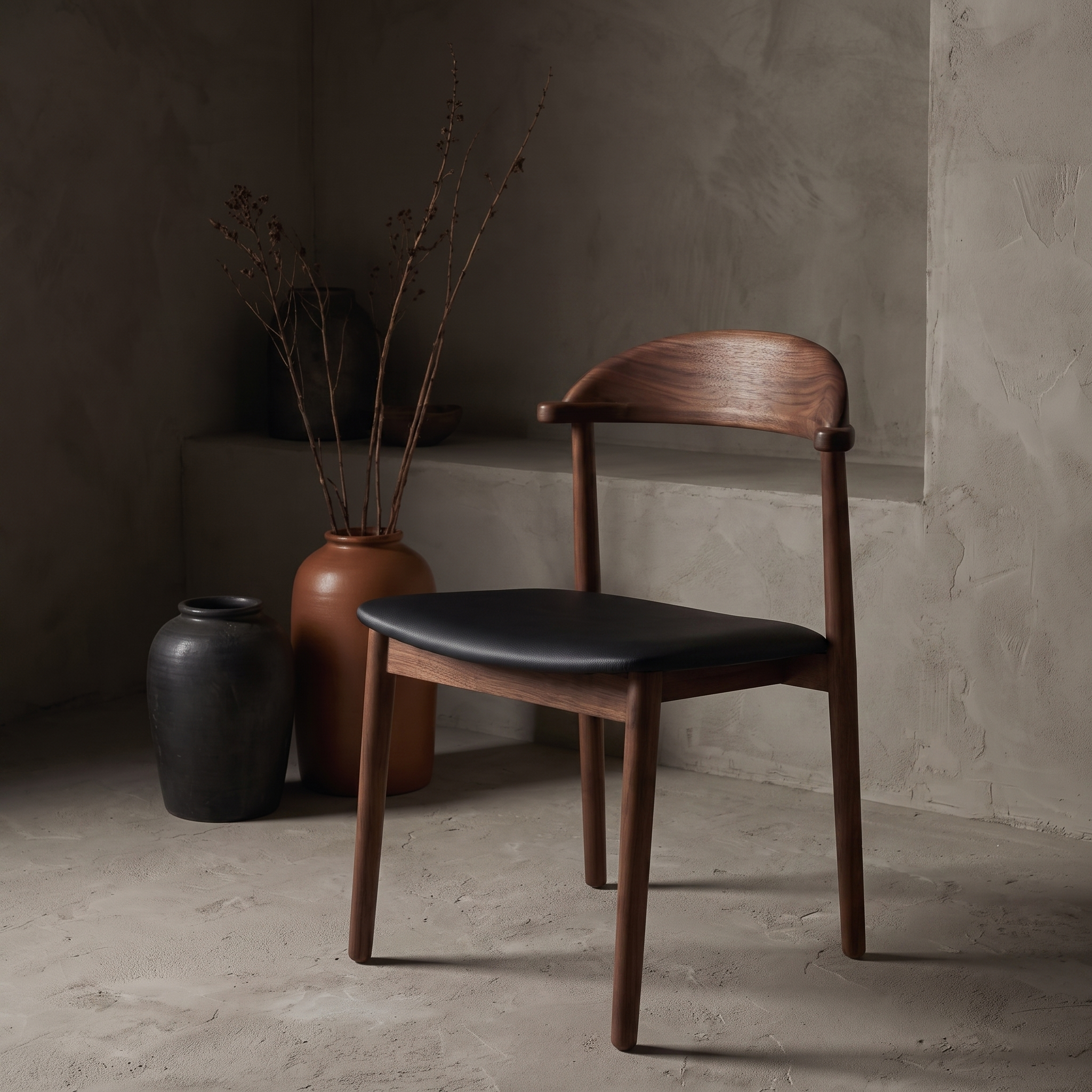Count On Me walnut dining chair with black seat against raw plaster wall