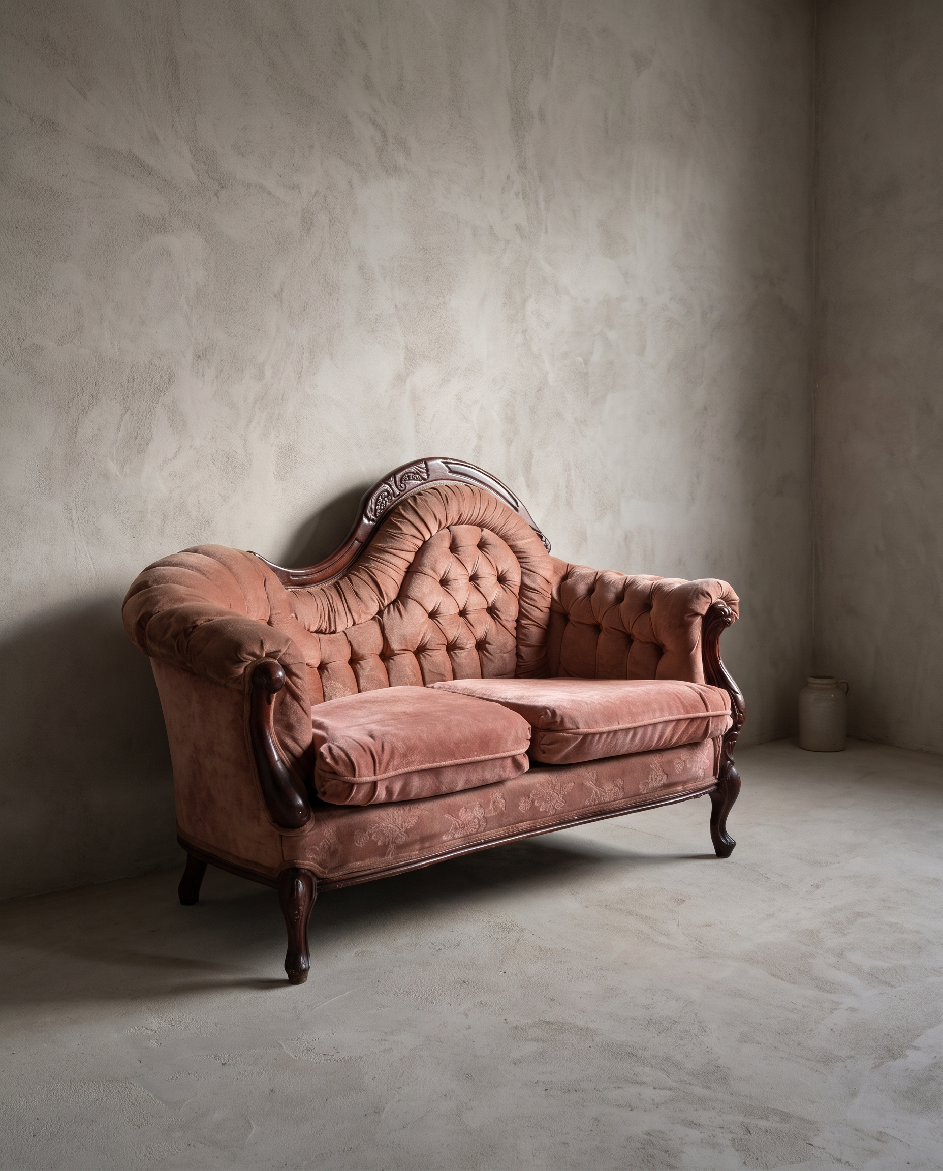 Victorian rose velvet camelback loveseat, 45 degree three-quarter view