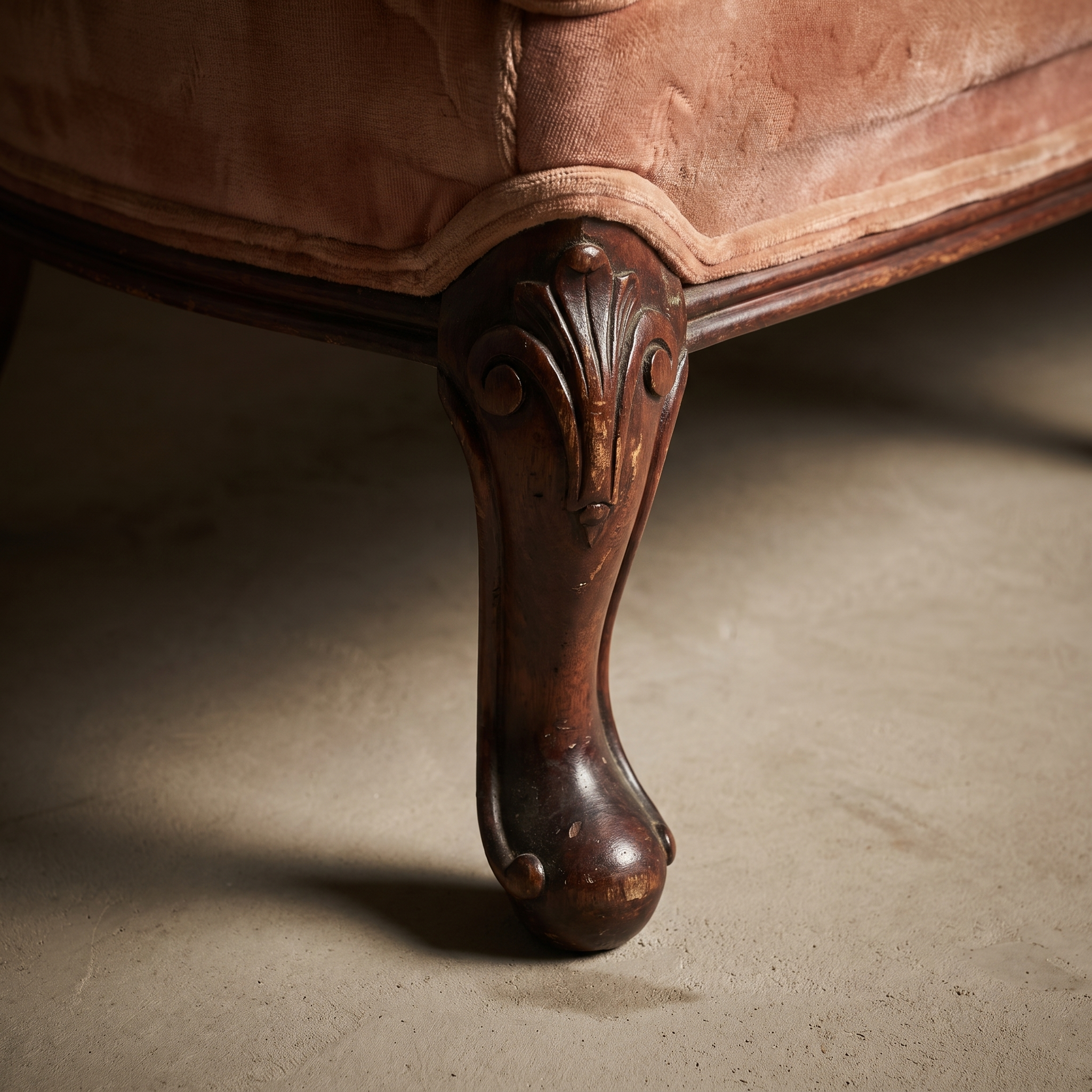 Close-up of the carved cabriole leg and pad foot