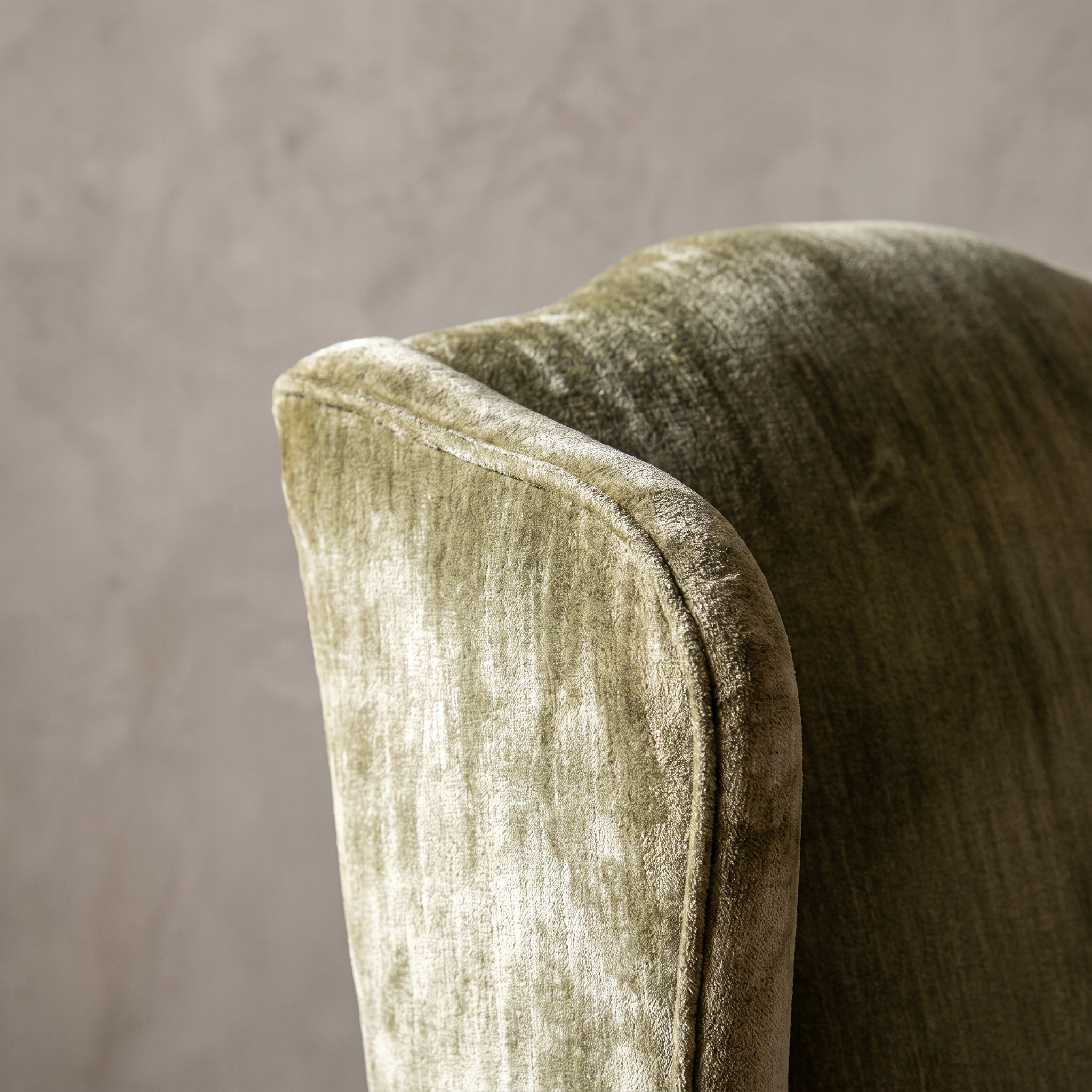 Macro detail of the wing and arm junction, worn olive velvet texture