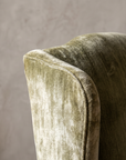 Macro detail of the wing and arm junction, worn olive velvet texture