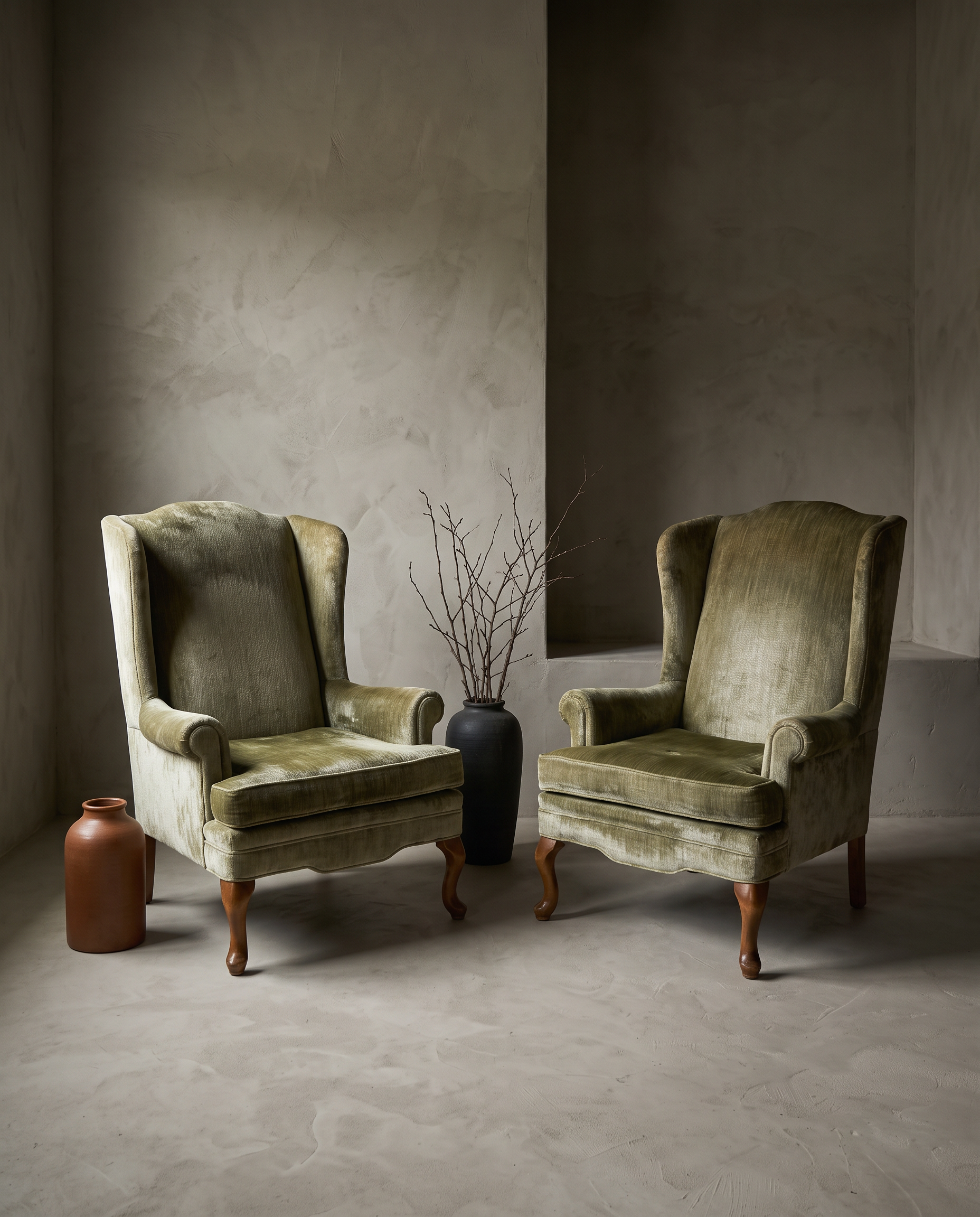 The Meadow Pair, two vintage green velvet wingback chairs, greige plaster room hero shot