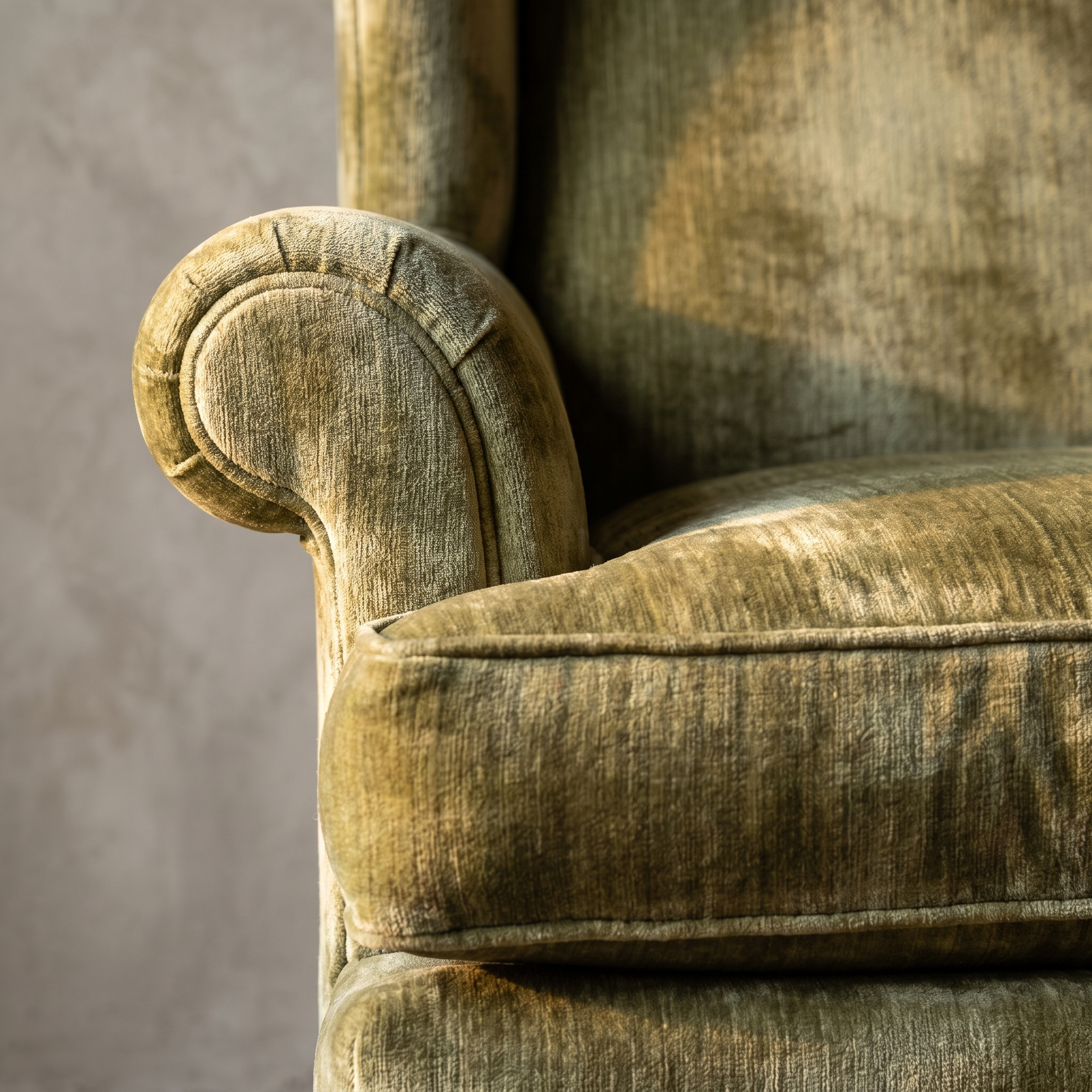 Macro detail of the rolled arm meeting the boxed seat cushion