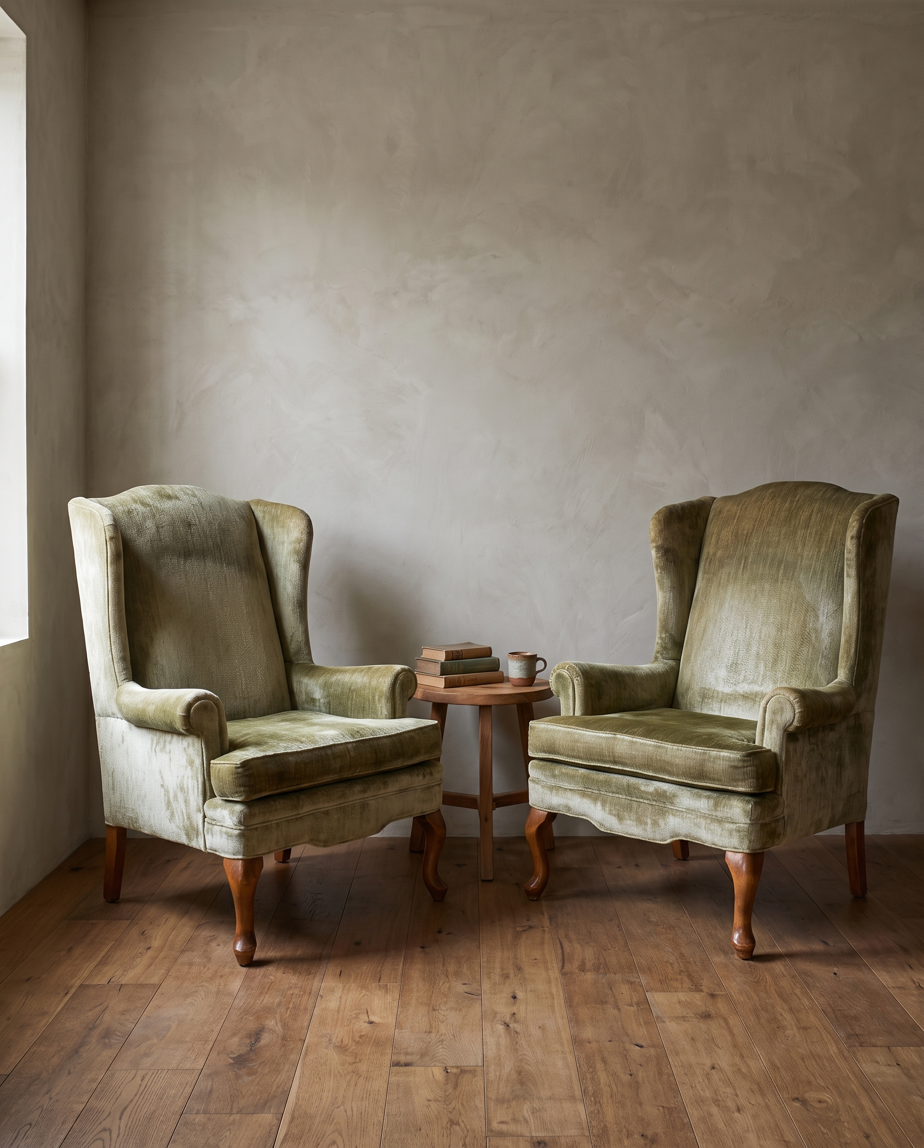 The pair styled in a lived-in reading nook with a side table and books