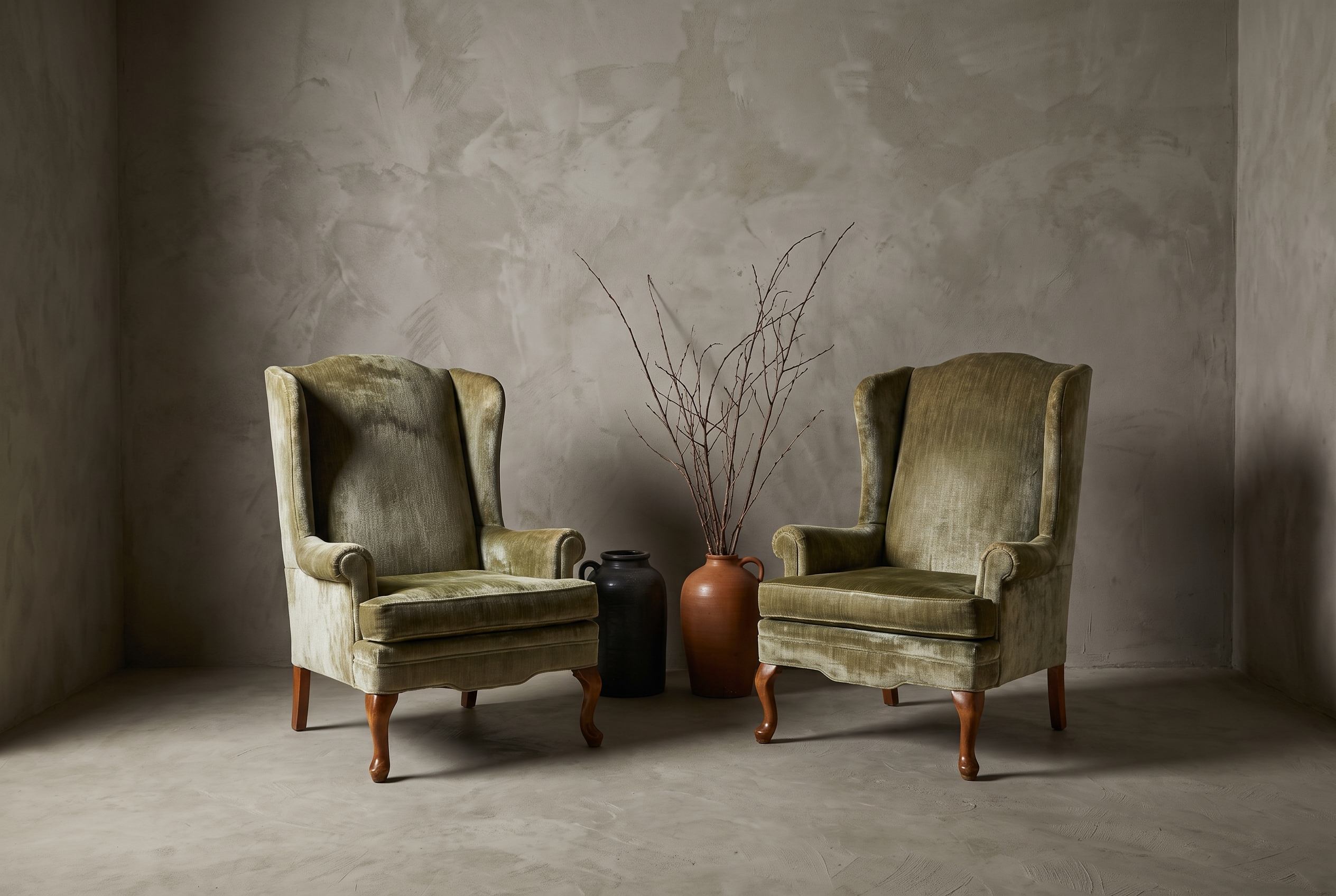 Wide symmetrical view of both wingback chairs facing forward