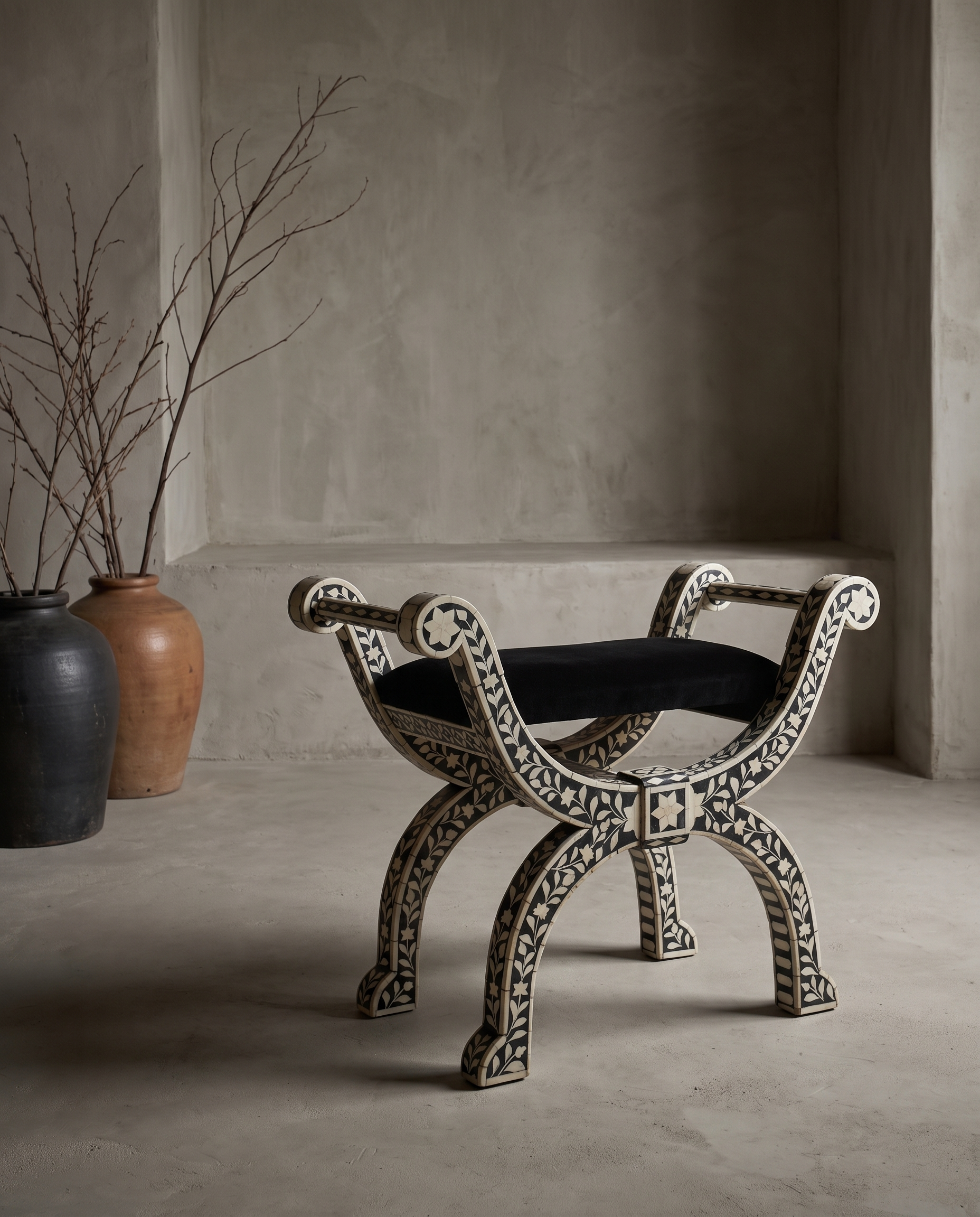 Bone inlay curule bench, three-quarter view, in a greige plaster room with stoneware vessels and dried branches