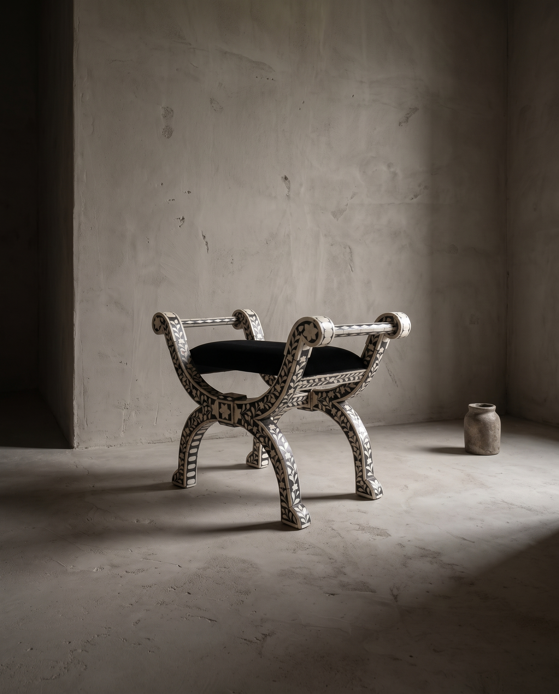Bone inlay curule bench, 45 degree angle alone, showing full silhouette and construction