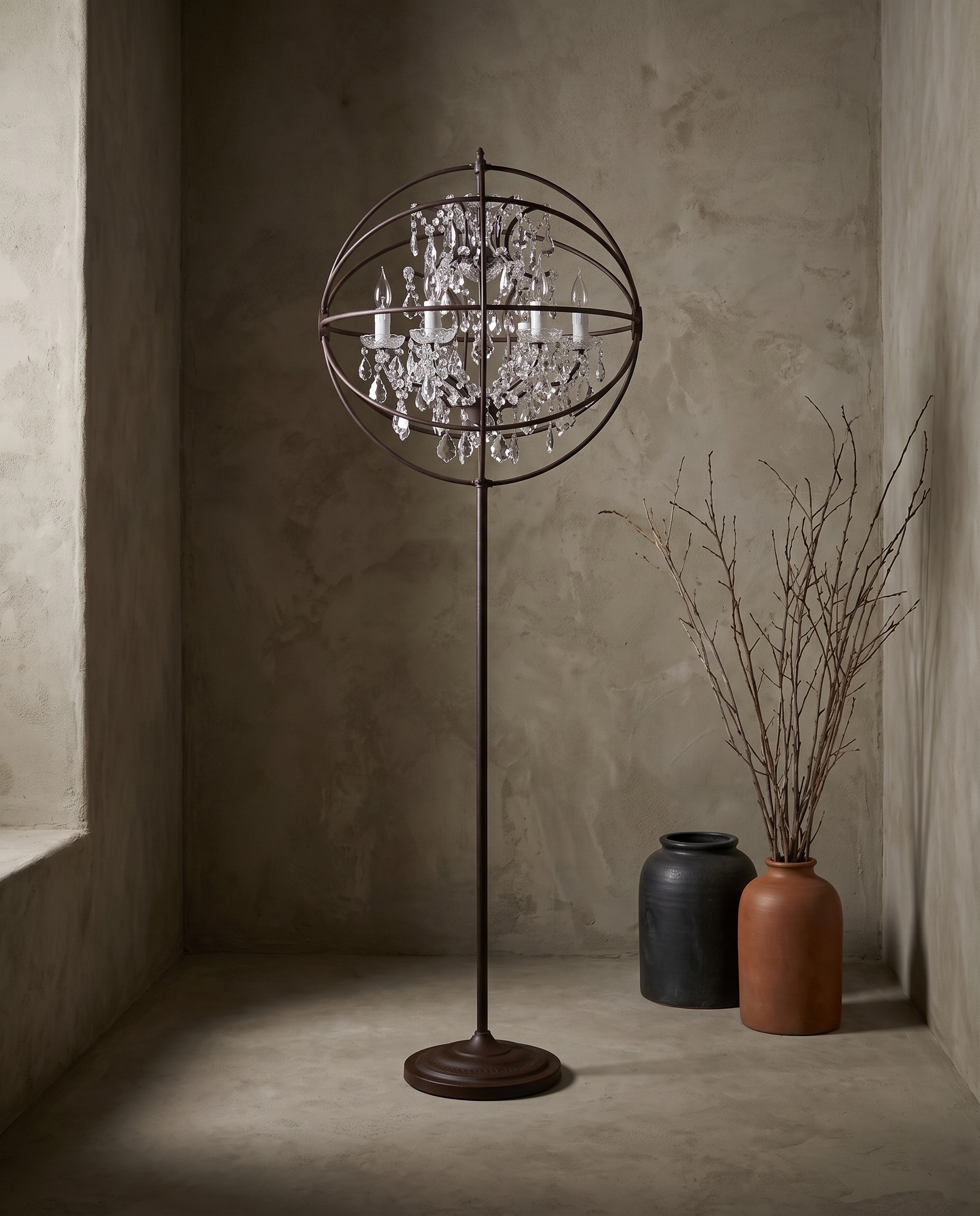 Crystal Orb floor lamp, three-quarter angle showing the iron orb frame and crystal chandelier